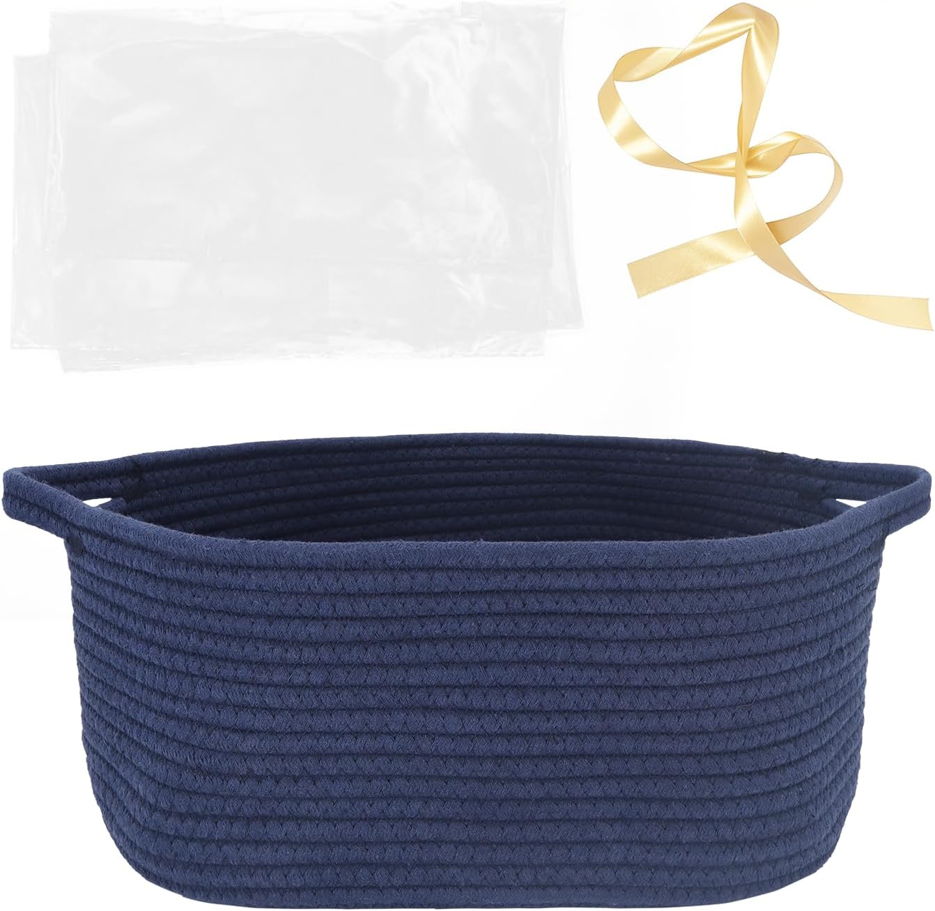 Woven Basket with Gift Bags and Ribbons, 14"X 10" X 6" Gift Storage Organizer Bin Shelf Shelves Cotton Rope Basket for Nursery, Pet Toys (Dark Blue)