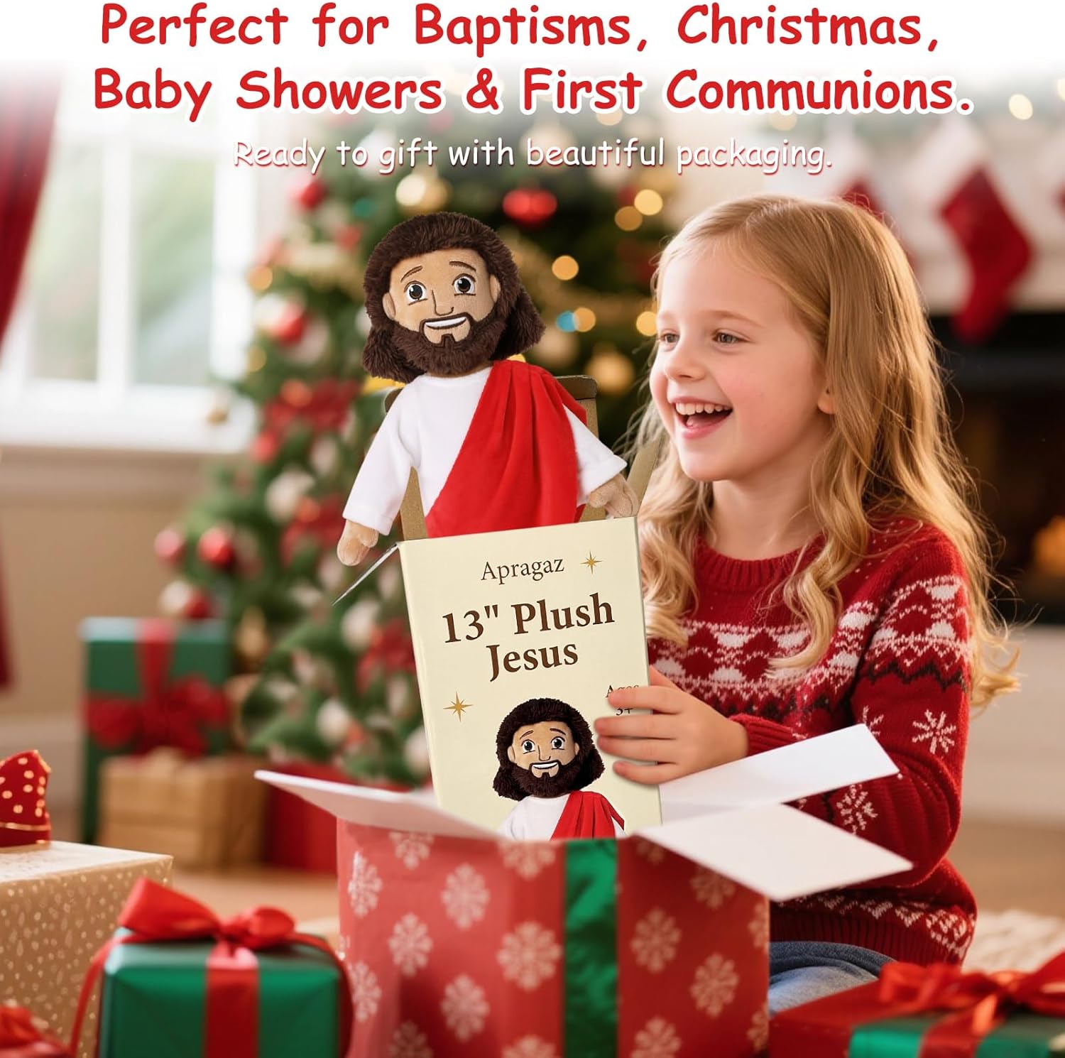 Apragaz 13" Jesus Plush Doll, Jesus Plushies for Kids, Soft & Comfort Christian Toy, Christian Faith Plushie Faith-Based Gift for Boys Girls, Sunday School, Bible Learning, Easter & Christmas(Red)