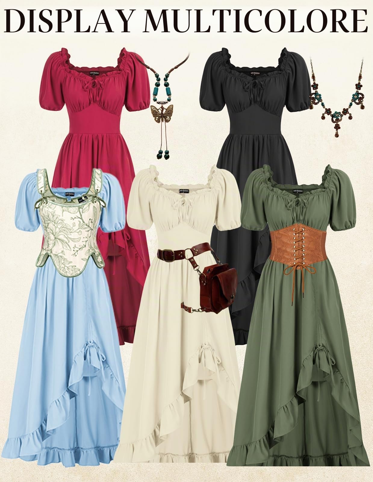 Scarlet Darkness Abito rinascimentale da donna, corsetto medievale, costume da pirata | Spalle scoperte, maniche a sbuffo, orlo alto e basso, con tasche, per fiere Ren, Halloween, feste e tutti i giorni casual