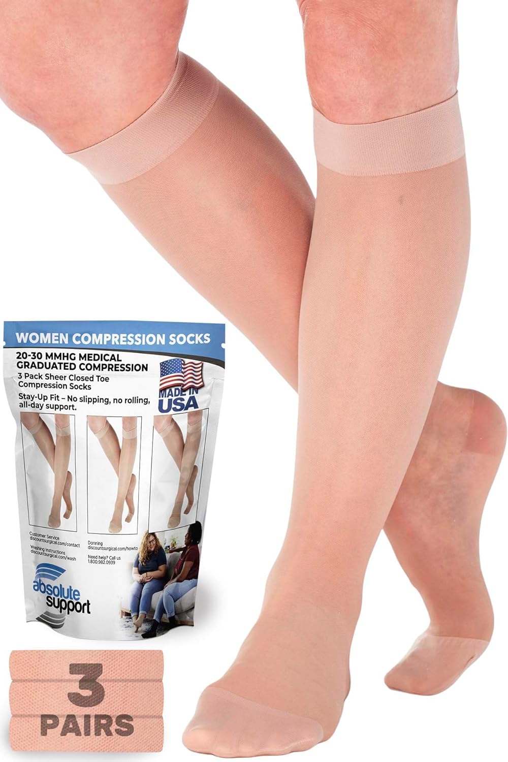 ABSOLUTE SUPPORT Made in USA - 3 Pairs Sheer Compression Socks for Women 20-30mmHg - Knee High Compression Stockings