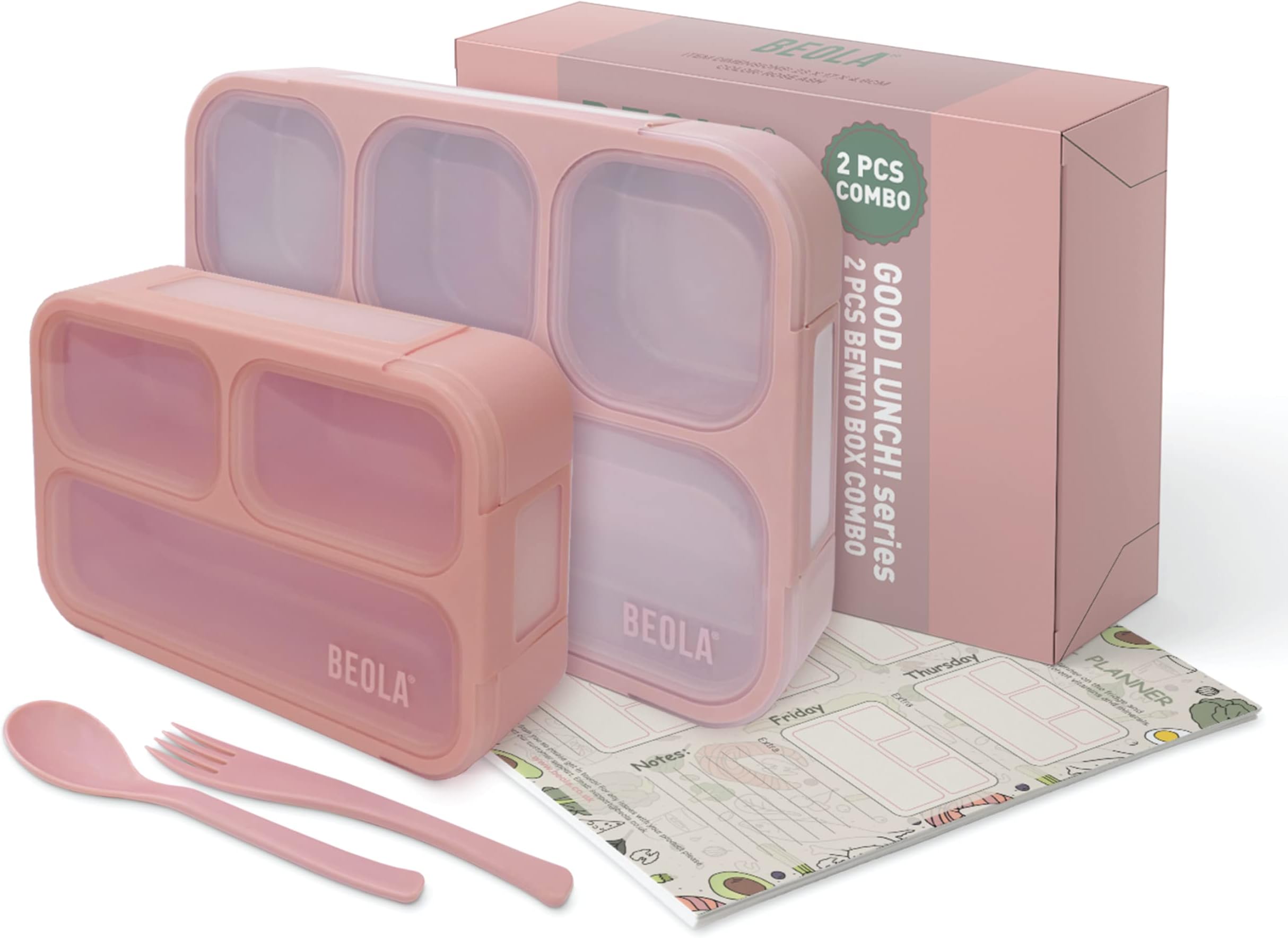 BEOLA SET of 2 Lunch Boxes for Kids Adults, Multi Compartment Lunch Bento with Magnetic Meal Planner, 3 or 4 Compartment Snack Box, BPA free, with Cutlery Set (Combo Pink)