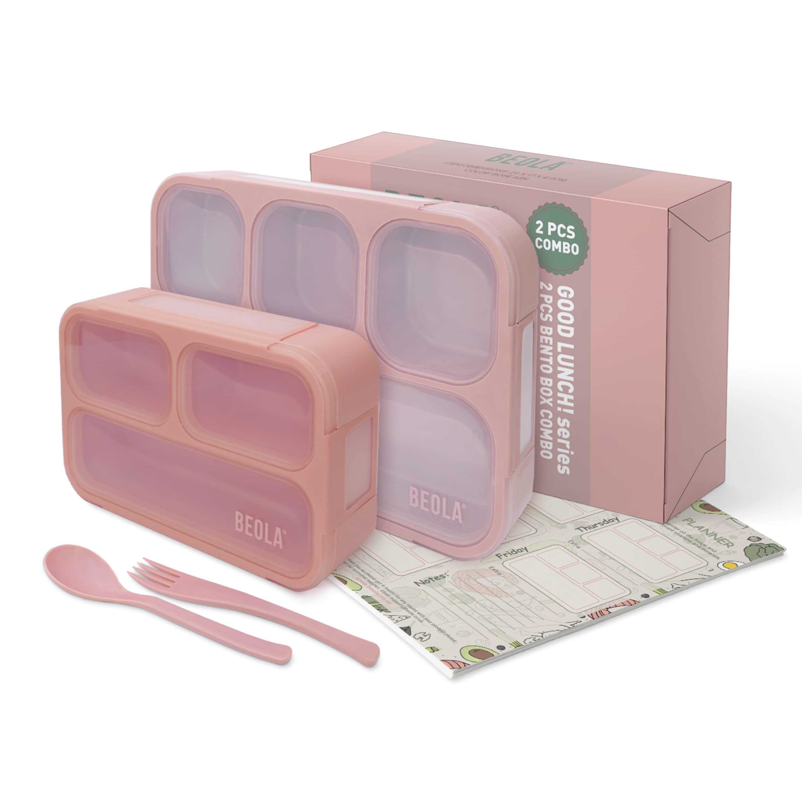 BEOLA SET of 2 Lunch Boxes for Kids Adults, Multi Compartment Lunch Bento with Magnetic Meal Planner, 3 or 4 Compartment Snack Box, BPA free, with Cutlery Set (Combo Pink)