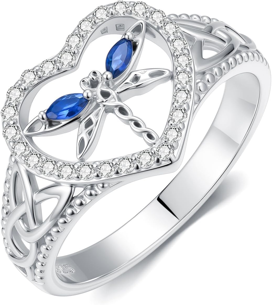 Dragonfly Ring for Women S925 Sterling Silver Celtic Knot Ring Dragonfly Jewelry for Brithday Christmas