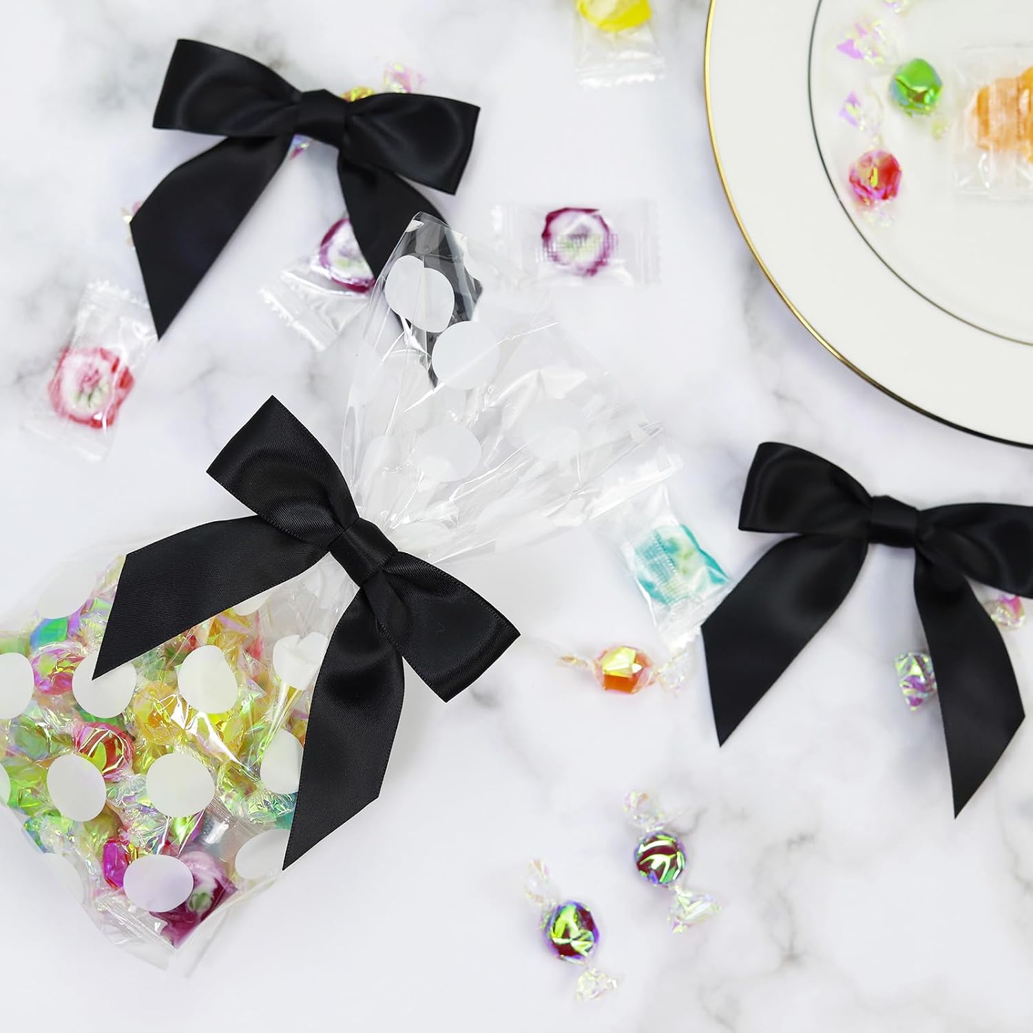 114 Pack Twist Tie Bows for Treat Bags 3" Black Satin Ribbon Bows for Package Craft, Gift Wrapping Decoration, Candy Bags, Bakery Bags, Wedding, Baptism, Tableware Decor Party Decoration image 5