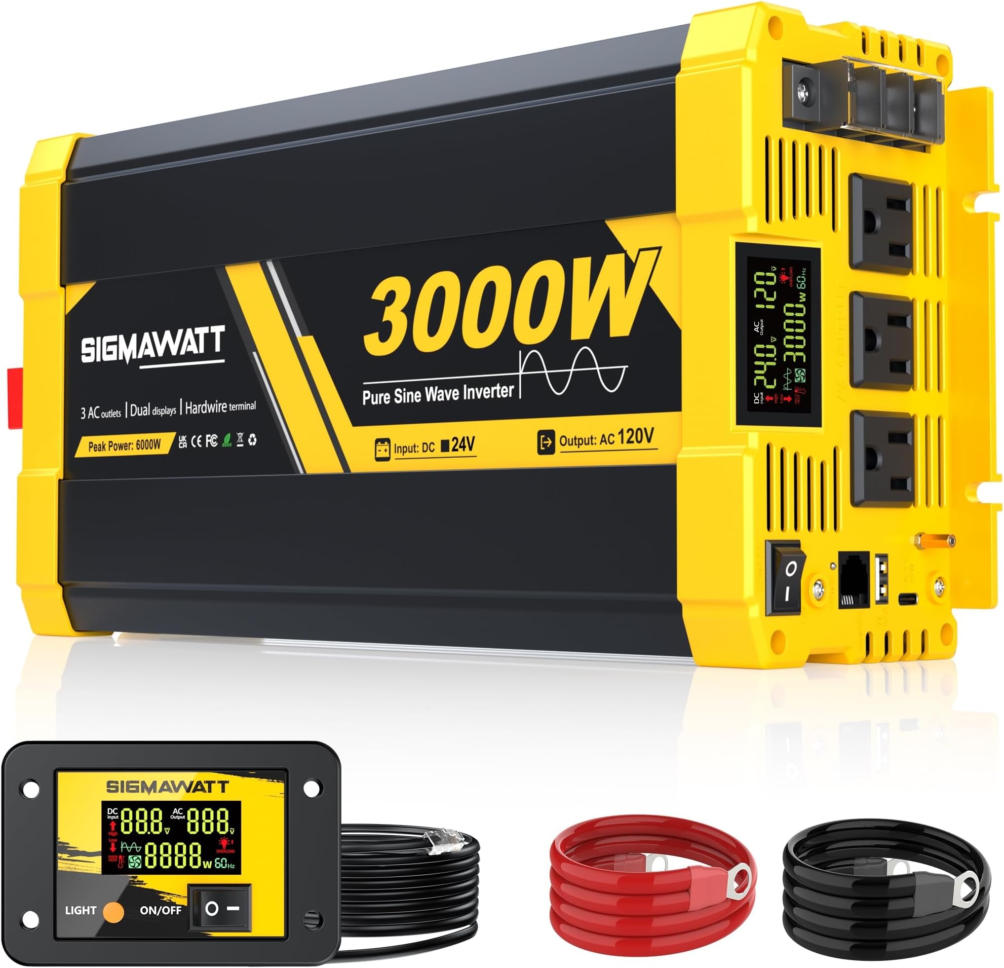 3000W Pure Sine Wave Inverter,24V DC to 120V AC–Heavy Duty Power Inverter for Truck,RV,Off-Grid Solar Energy,Electric Drill, Microwave, Dishwasher and Heater with Led Display and Remote Monitoring