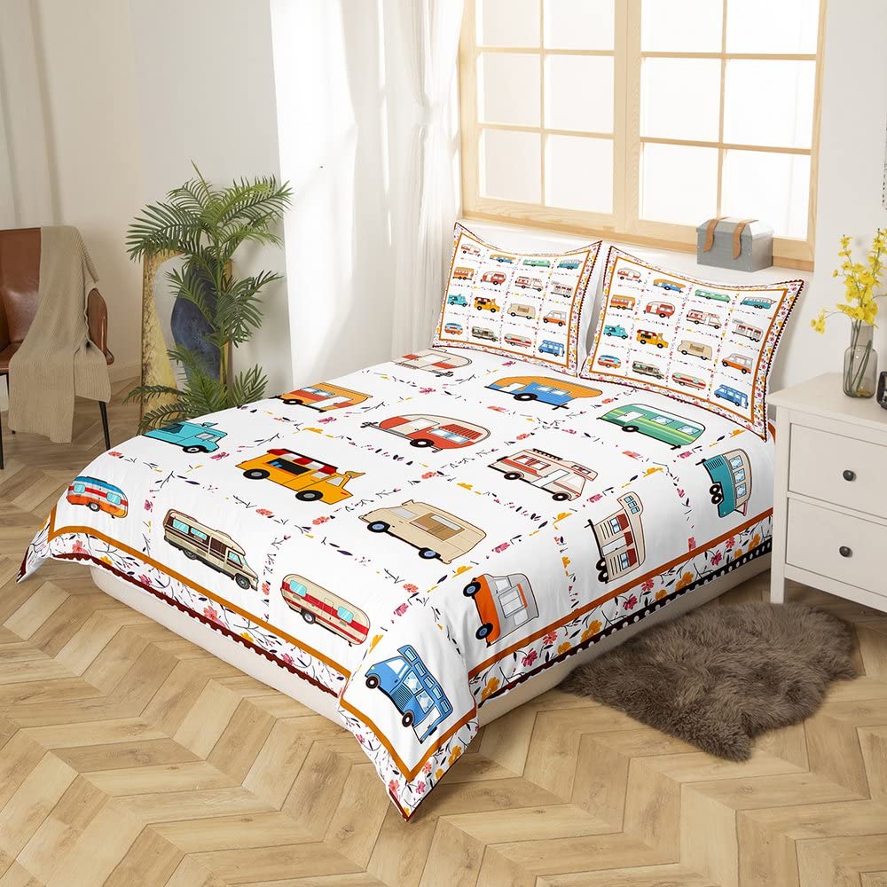 Loussiesd Camping Car Duvet Cover Camper Happy Holiday Bedding Set for Kids Boys Girls Children Kawaii Style Comforter Cover Ultra Soft Floral Bedspread Cover Single Size Zipper - Image 2