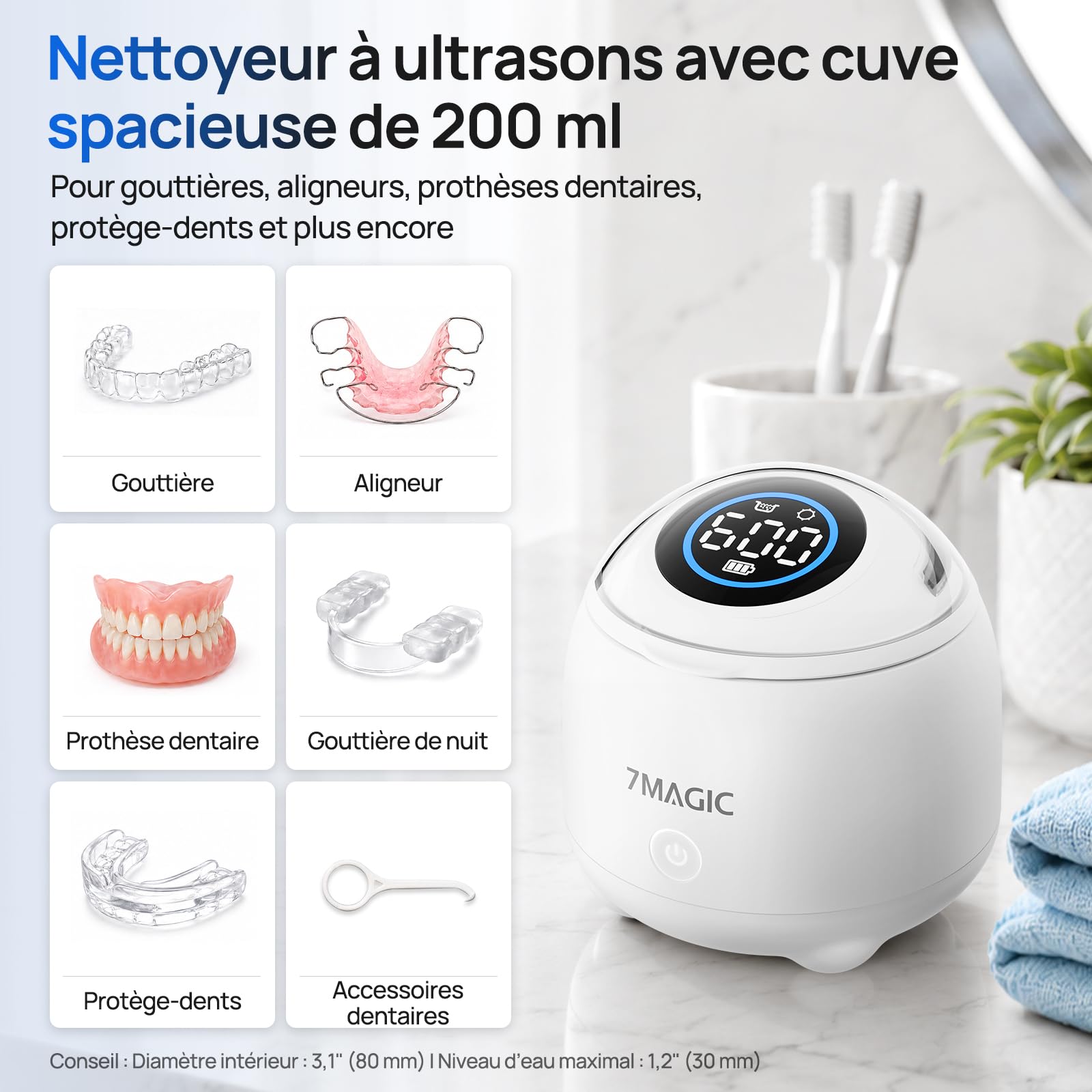 7MAGIC Nettoyeur ultrasons sans fil pour gouttières, 48 kHz, Blanc