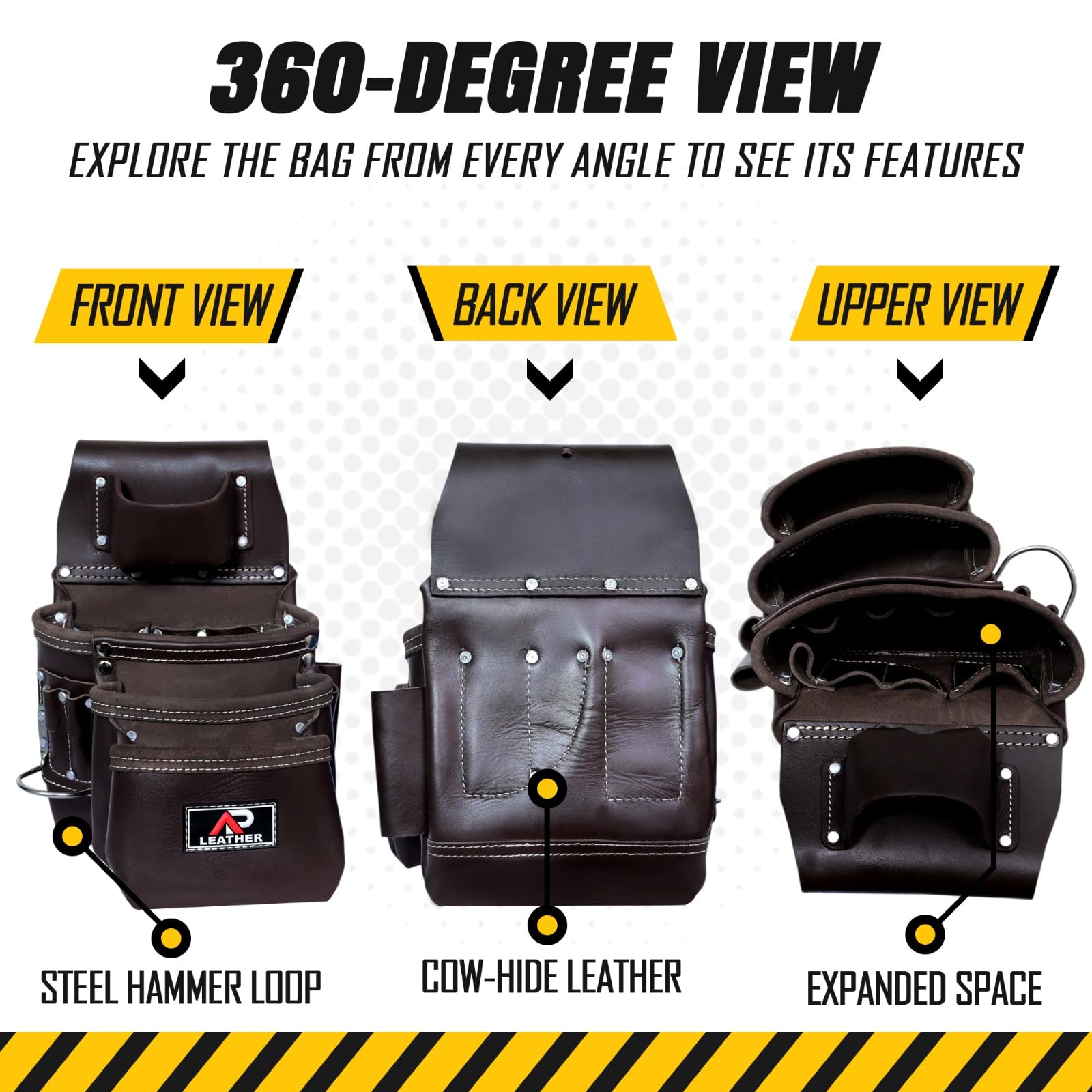 Pro-015 Leder-Werkzeugtasche für den Bau, robuster Hammerhalter, Schnalle, 3 Taschen, groß mit Gürtel, 12 kleine Taschen, Werkzeug-Organizer