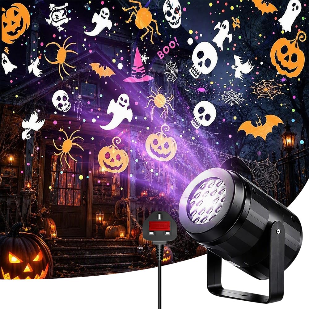 Halloween Projector Light, Ghost Projectors with 16 Dynamic Ghost Lighting Effects, Halloween Decorations LED Projector for Outdoor Indoor Party Window, UK Plug, AC 220V-240V