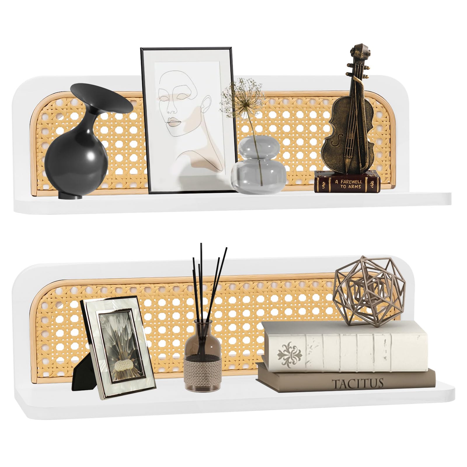 2 Piezas Estante de Pared Blanco Boho, Estante de Ratán, Estanteria Blanca Baldas Flotante Pared de 40cm, Decoración Rústica Moderna de Madera para Salon, Cocina, Habitación Infantil y Dormitorio