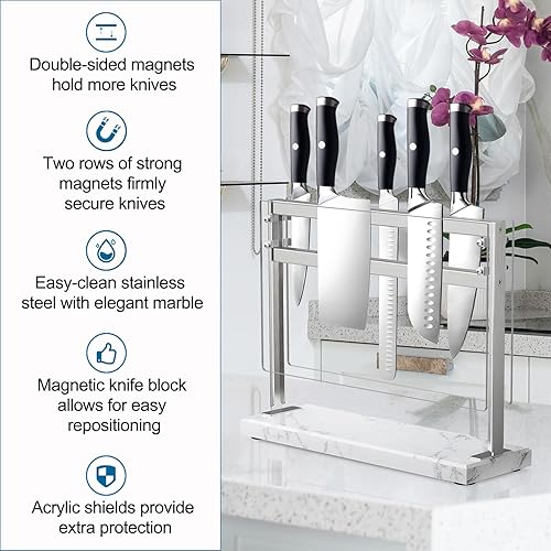 Miniatura 2 de YIIYIIN Bloque magnético para cuchillos con escudo acrílico, soporte magnético de doble cara a base de mármol, soporte magnético para cuchillos de