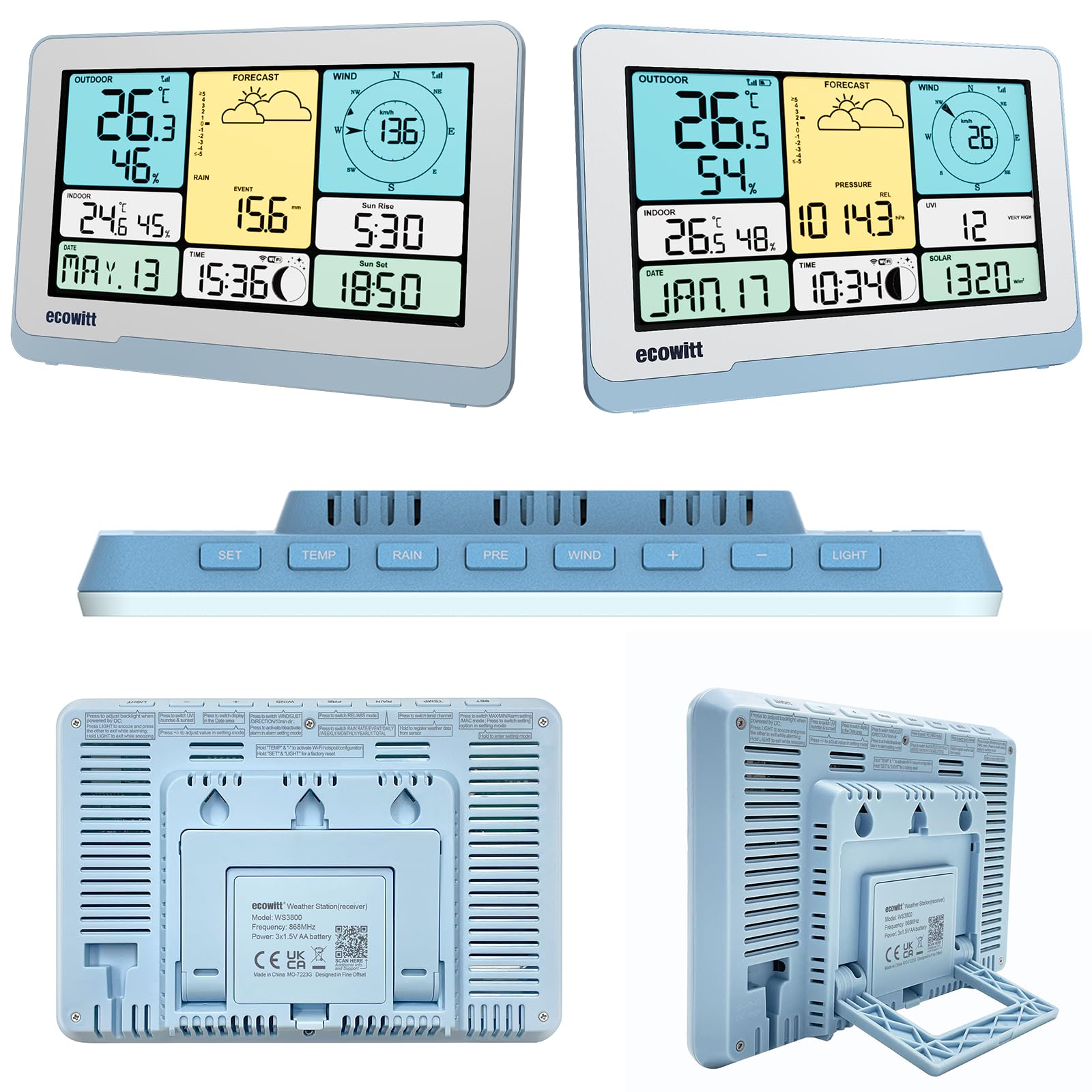 ECOWITT Console WS3820_C per stazione meteo, display LCD a colori domestico da 7,5 pollici, sensori interni 3 in 1 integrati, coppia con WS69/WS90/WS85, controllo intelligente del collegamento IoT