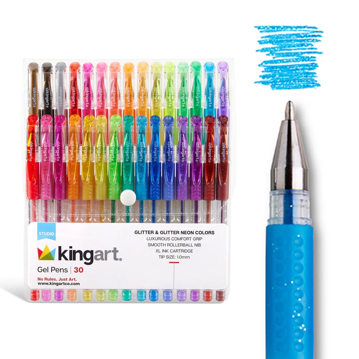 KINGART 400-30 Comfort Grip Gel Pens, Set of 30 Unique Glitter Colors