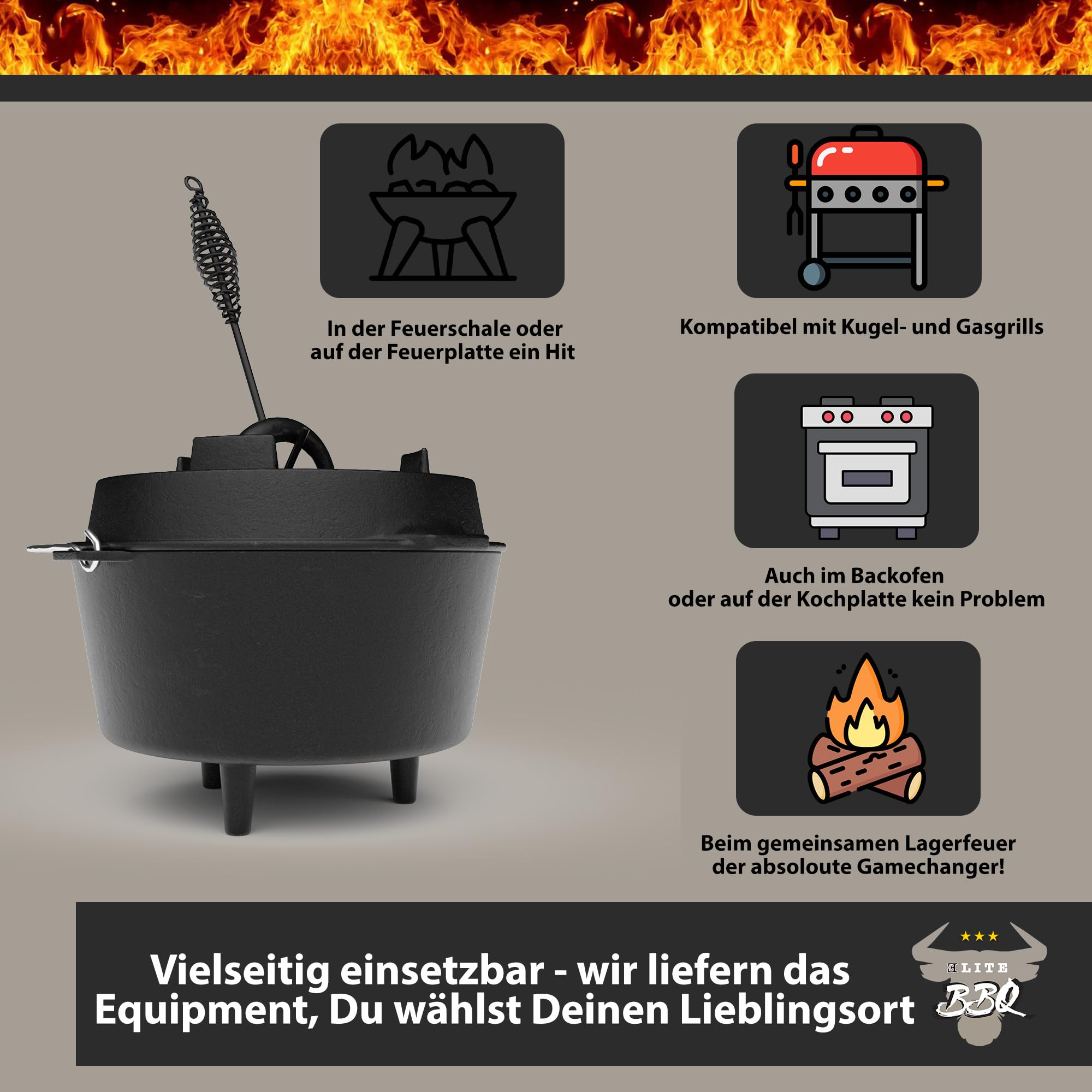 ELITE BBQ Suppenkessel dutch-oven set mit Füßen 6.0 qt, unser Eintopfofen für Kesselgulasch mit dutch oven pan ausgestattet, der Topf aus Gusseisen Hexenkessel Gulaschkessel Schmortopf dutsch-oven