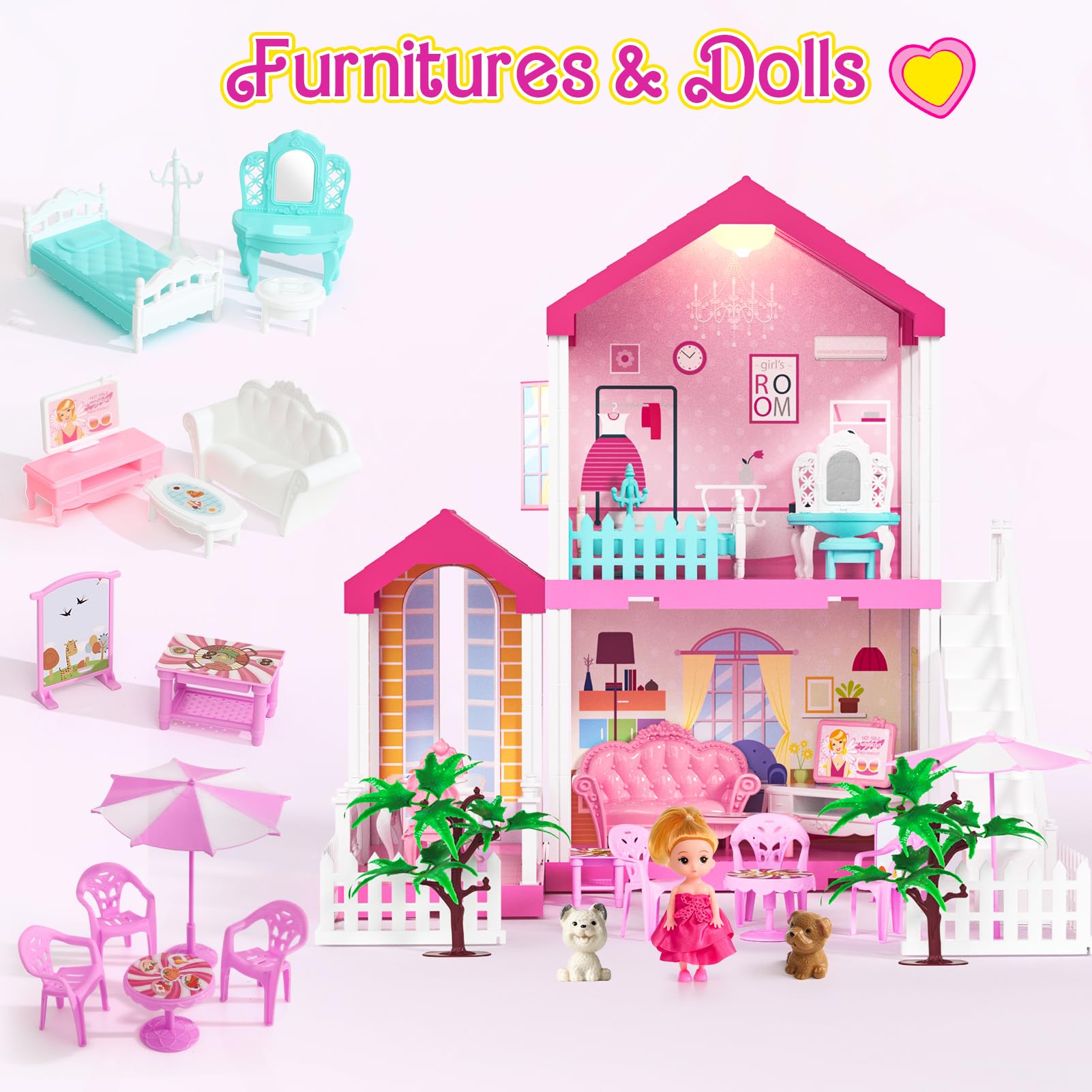 2 Piso Casa de Muñecas para Niñas con Muebles Casita de Muñecas DIY Juguetes Casa de Ensueño Miniatura Perros,Dormitorio,Comedor,Casa de Princesa de Regalo Juguete para Niños 3 4 5 6 Años