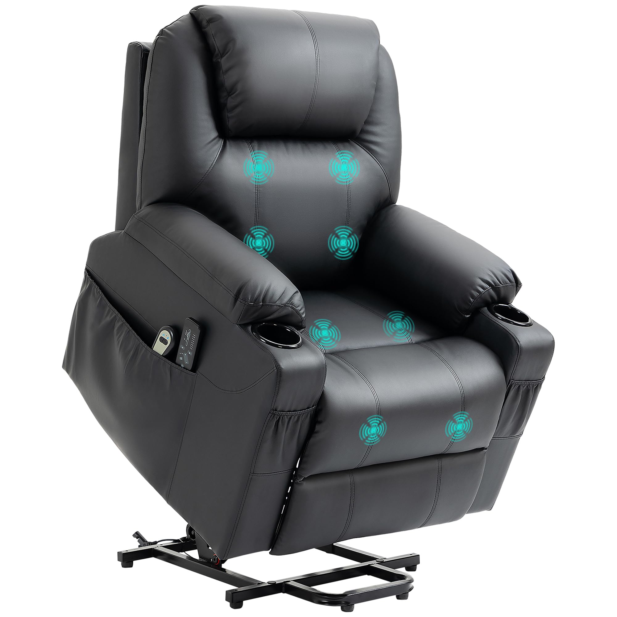 HOMCOM Poltrona Elettrica Alzapersona Reclinabile 135°, Poltrona Relax Elettrica in PU con 8 Punti Massaggianti, 2 Portabicchieri, Tasche Laterali, Telecomando e Poggiapiedi, Nero