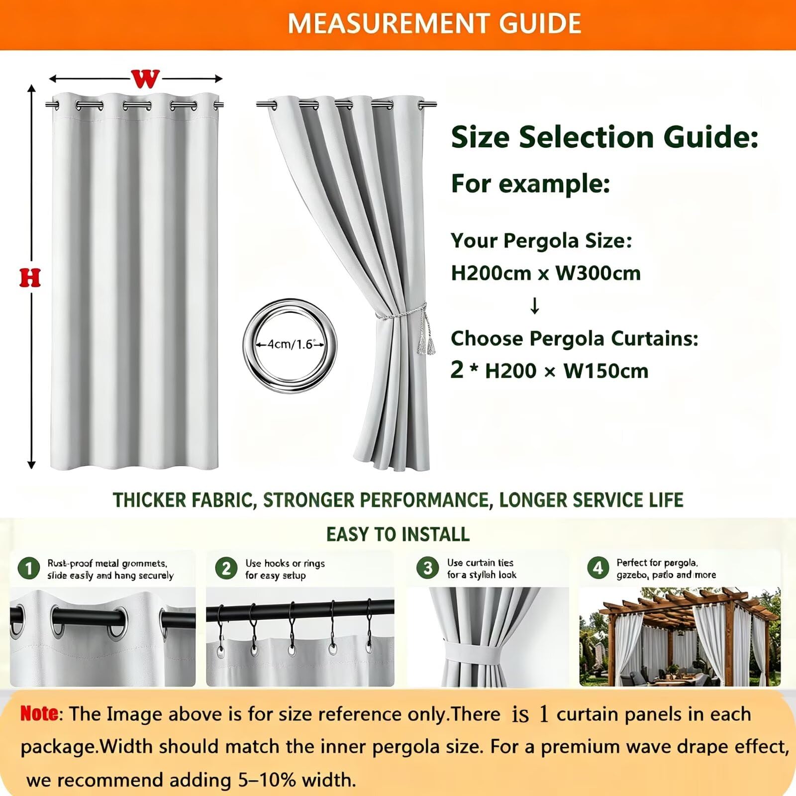 Rideau Thermique Extérieur pour Pergola et Balcon H241 x W355cm Gris