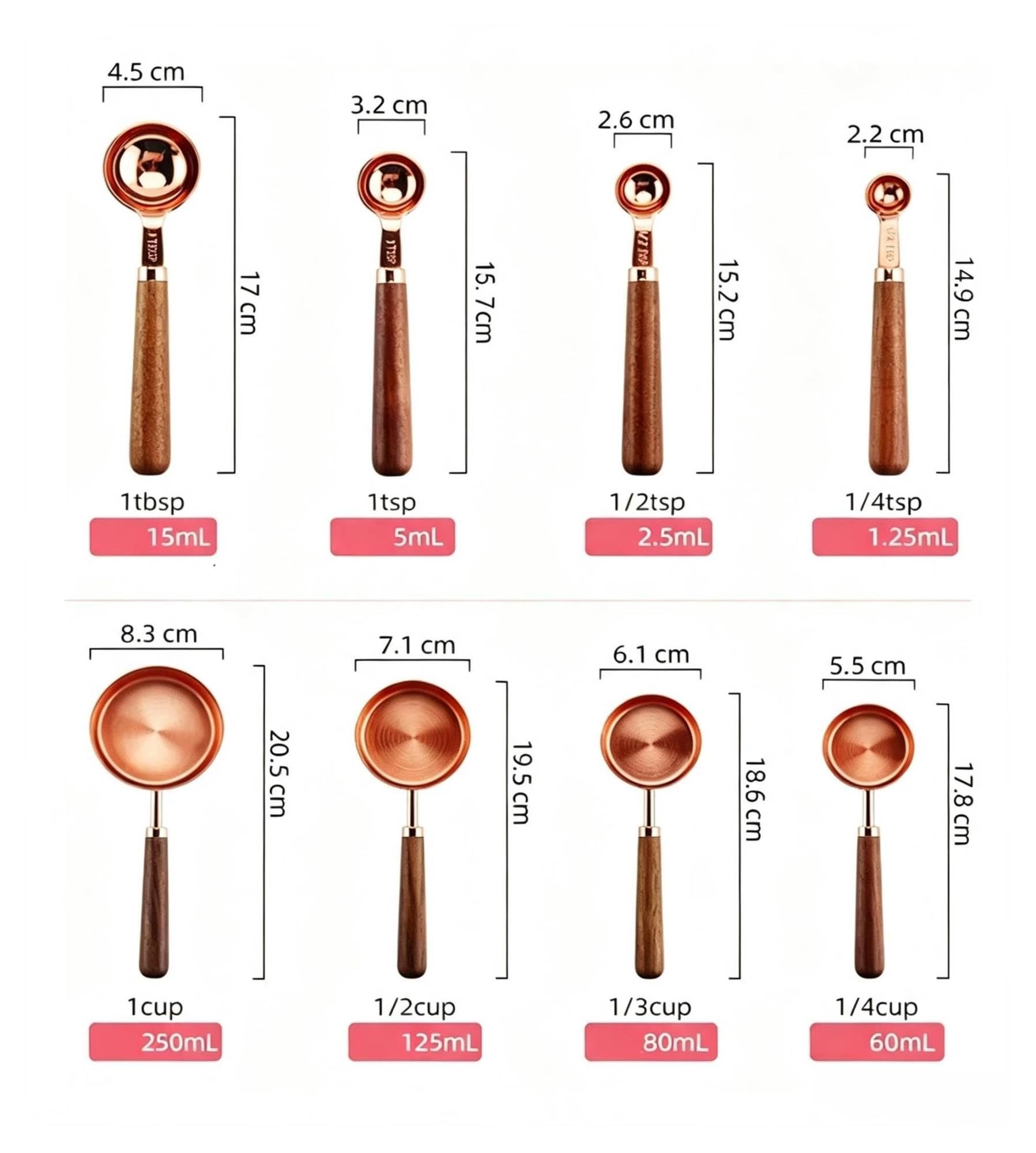 Set tasses et cuilleres doseuses inox, 150ml rose dore