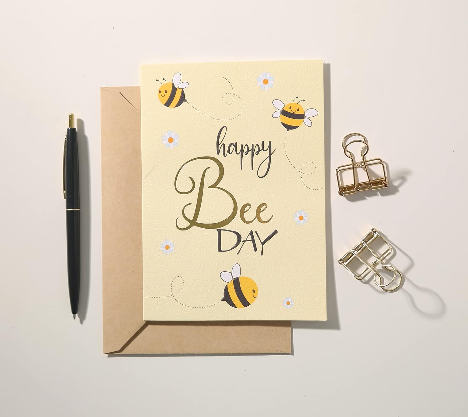 CHRIZ.Z Birthday Card - Single Happy Bee Day Birthday Greeting Card For Bee Themed Party - Gold Foil Bees and Lettering on Yellow Textured Paper with Kraft Envelope - 5" x 7" - Blank Inside - Image 8