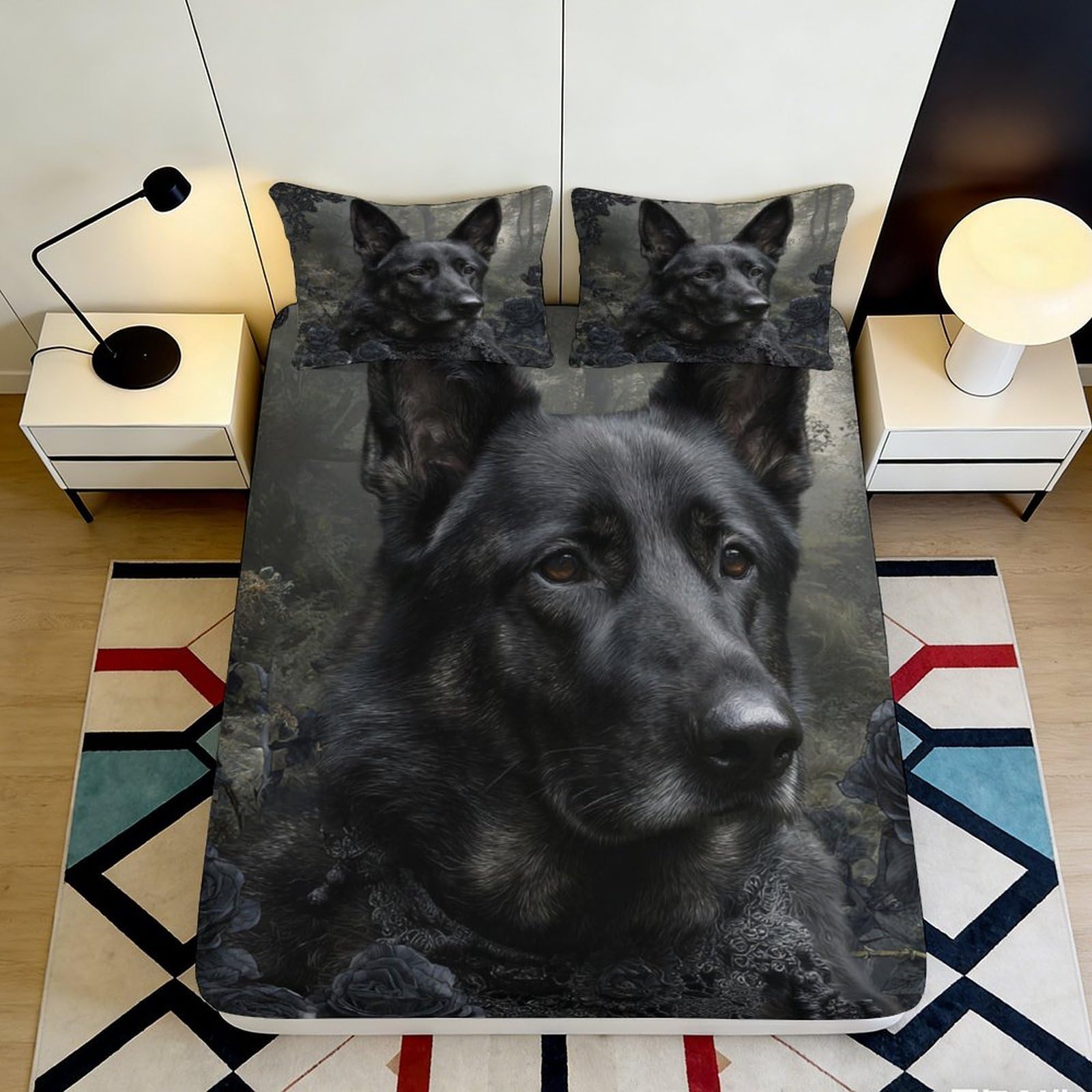3D Printed Black German Shepherd Fitted Sheet Microfiber Soft Washable Dog Pattern Mattress Cover for Bedroom Decor 90x200x25cm