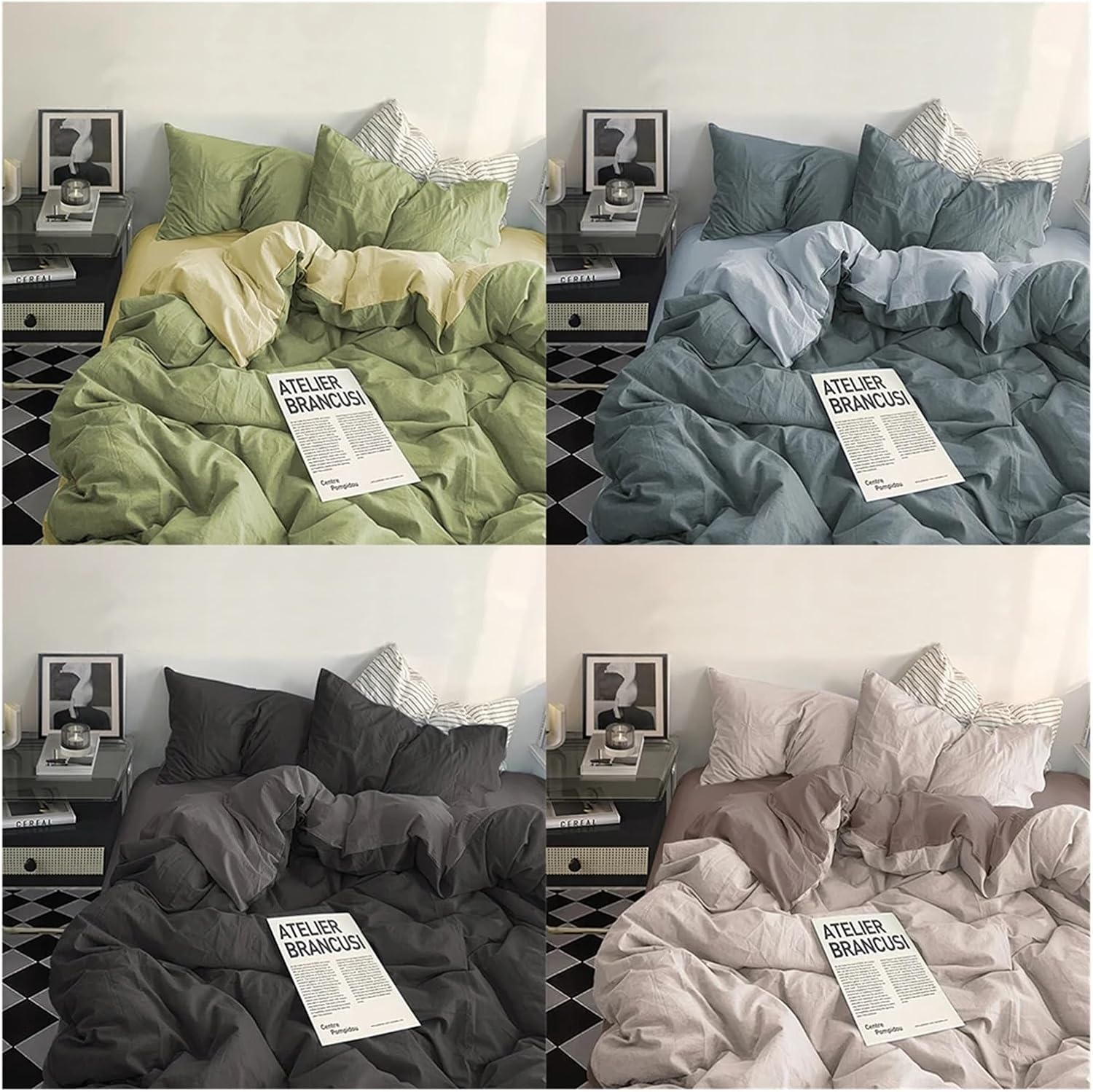 Solid Color Simple Couple Bed Quilt Cover Bed Linen Bedding Set Washed Cotton Four-Piece Bed Sheets Set Comfort Sets,Bedding