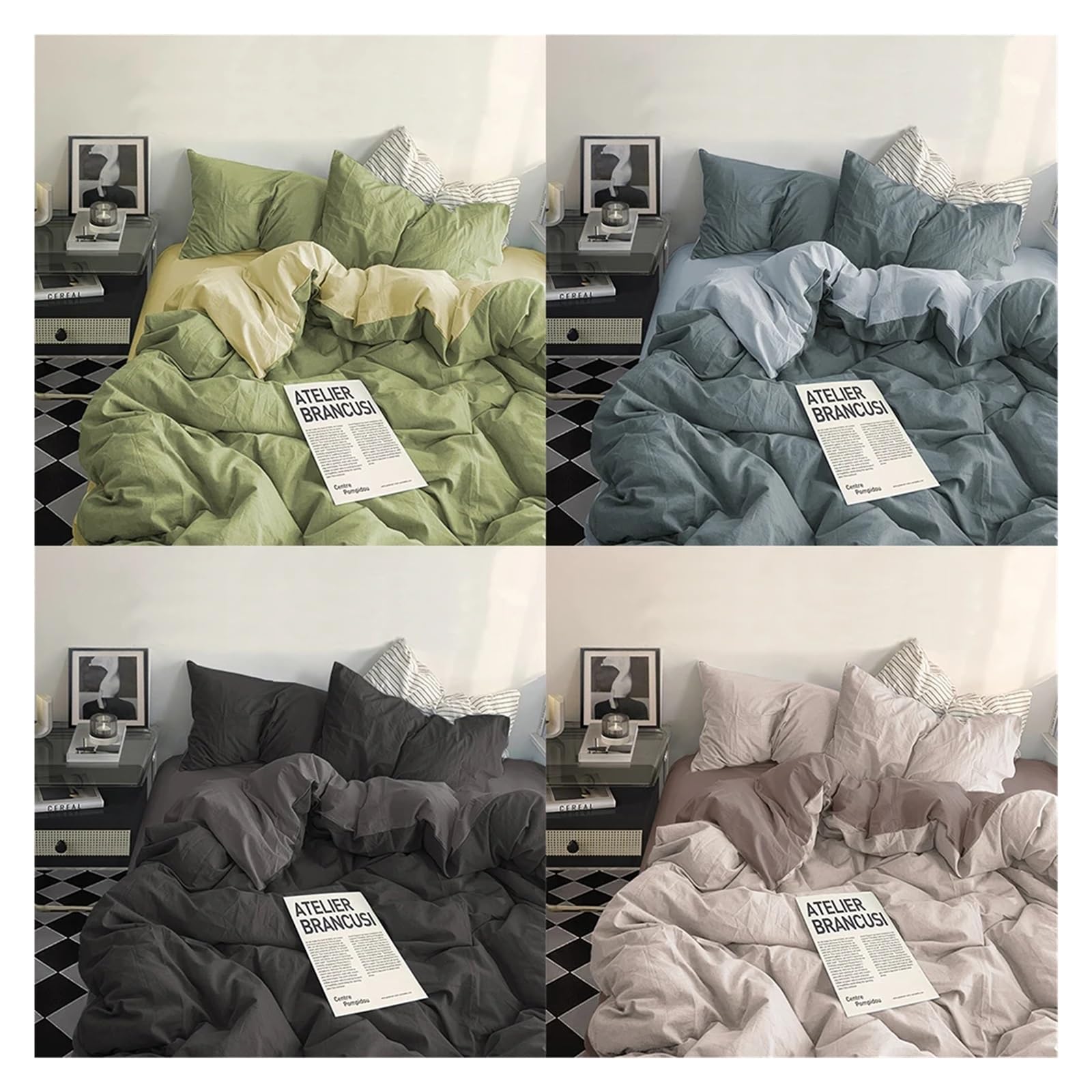 Solid Color Simple Couple Bed Quilt Cover Bed Linen Bedding Set Washed Cotton Four-Piece Bed Sheets Set Comfort Sets,Bedding