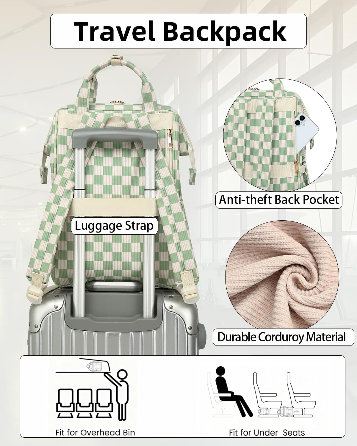 Laptop Backpacks for Women, Corduroy High School College Bookbag 15.6 Inch Laptop Bags for Girls Travel Daypack - Checkered Green