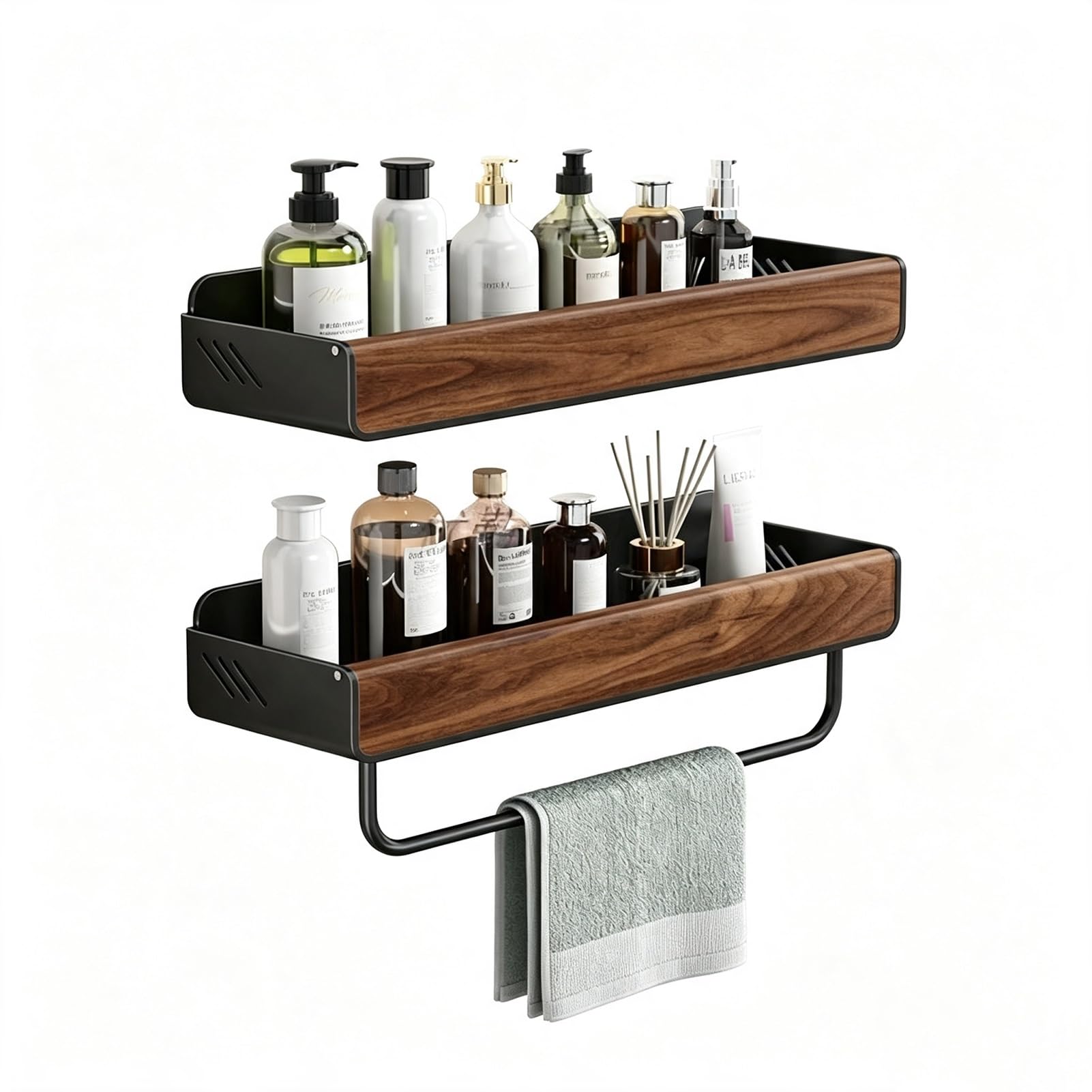 Organizer Da Bagno A Parete Senza Fori, Portasciugamani Doccia In Acciaio Al Carbonio Effetto Legno Per Bagno, Doccia, Cucina(400mm)