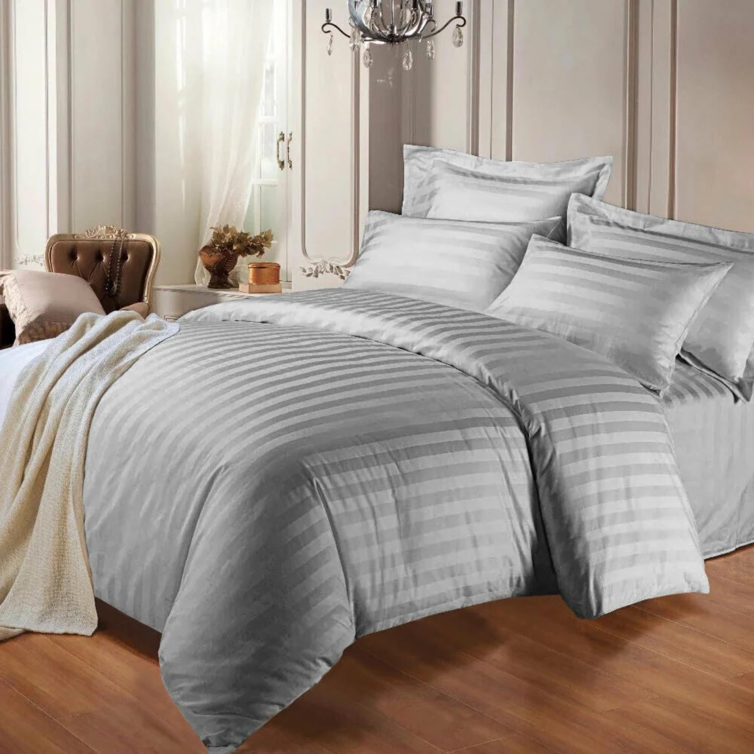 Opulent Living Super King Duvet Cover Set With Pillowcases, Soft Egyptian Cotton Microfiber Bedding Set, Striped Quilt Cover Set, Breathable Easy Care Bedding Set - Super King Grey