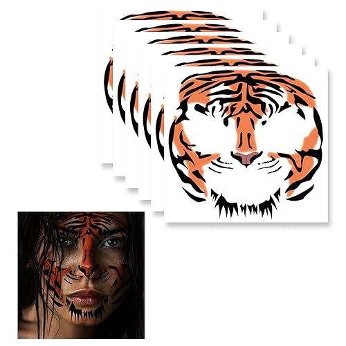 Tatuajes de cara de tigre, 6 hojas de tatuajes temporales de tigre tribal para disfraz de Halloween, hombres, mujeres, niños, juego de calcomanías