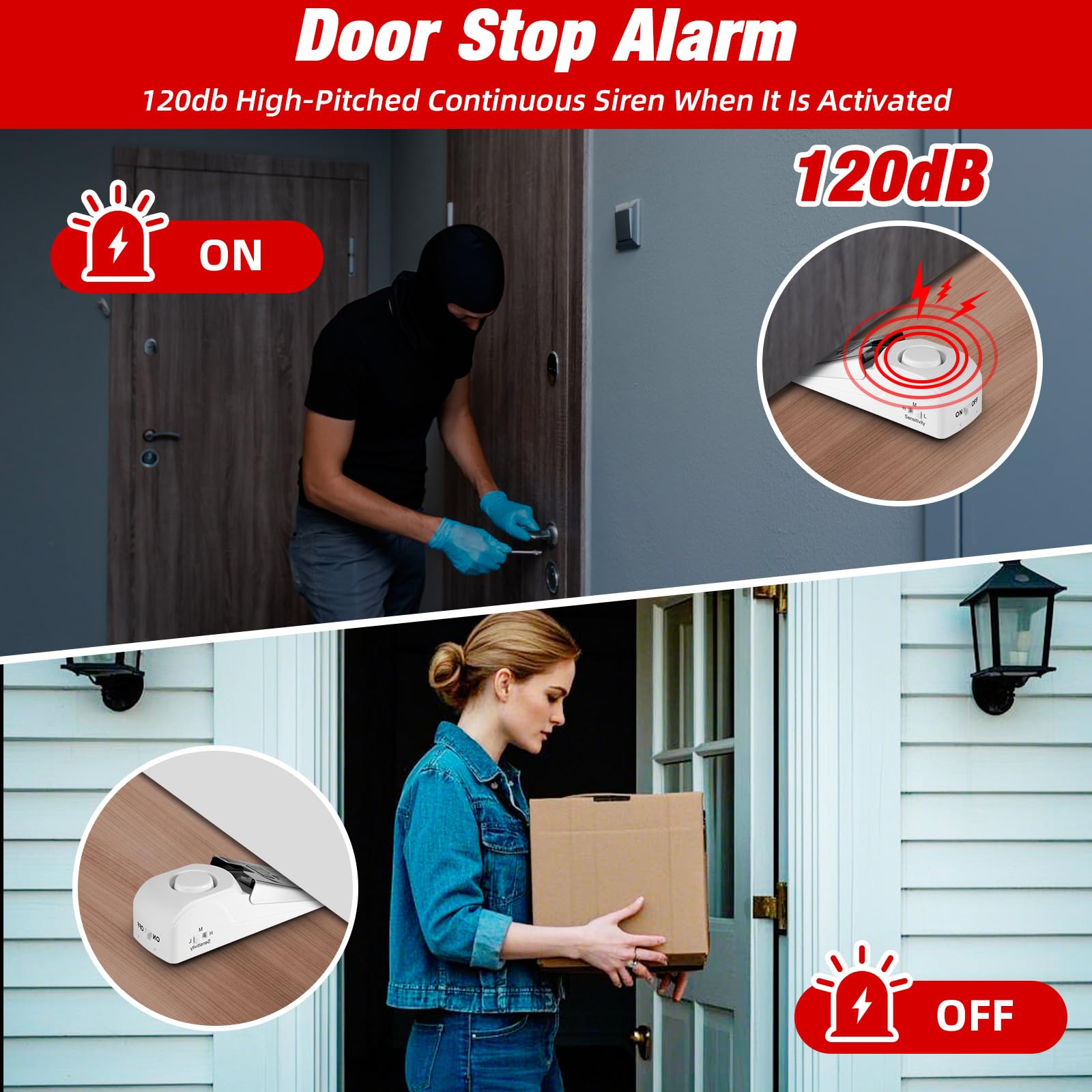 Alarma portátil de tope de puerta y cerradura de puerta de hotel de viaje, no requiere instalación, proporciona doble seguridad para el hogar, hotel y viajes (2 cerraduras de puerta + 3 topes