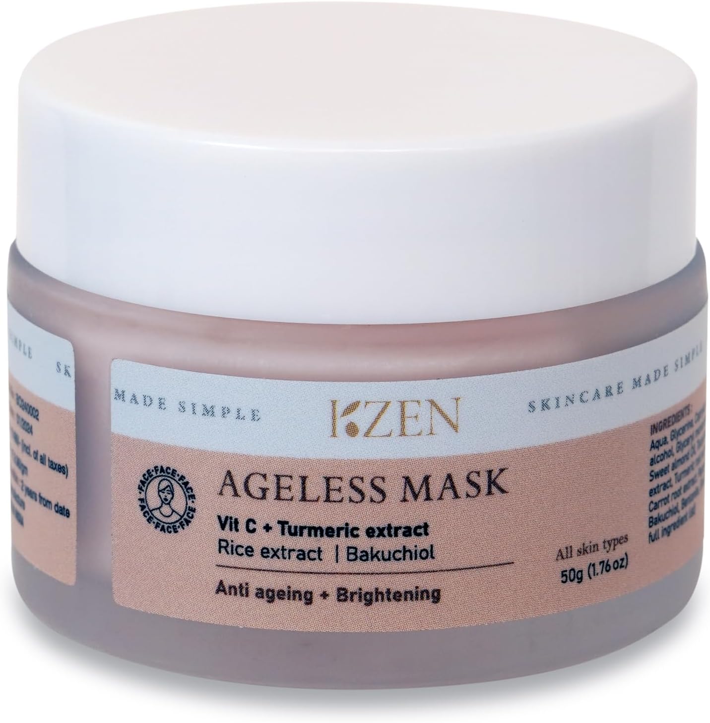 KZEN SKINCARE Ageless Mask, Creamy, Hydrating,Face Mask, Youth Boosting formula, Vitamin C, Turmeric, Ashwagandha, Rice and Bakuchiol - 50 GM
