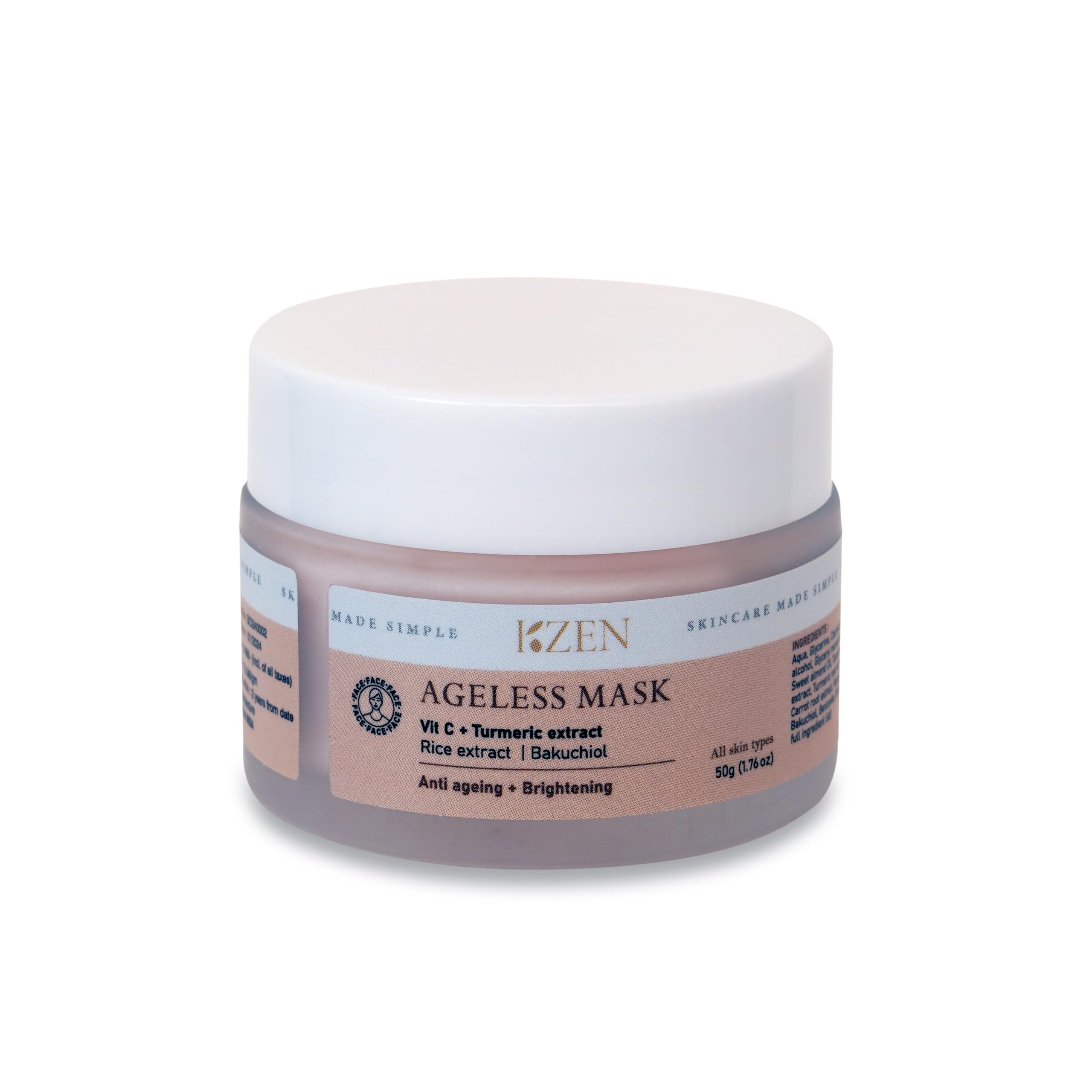 KZEN SKINCARE Ageless Mask, Creamy, Hydrating,Face Mask, Youth Boosting formula, Vitamin C, Turmeric, Ashwagandha, Rice and Bakuchiol - 50 GM