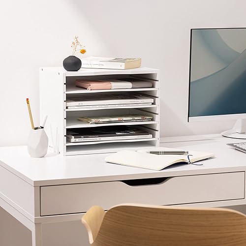 Miniatura 2 de Navaris Organizador de archivos de escritorio de bambú, bandeja de papel para almacenamiento de cartas con 4 estantes ajustables, bandejas de