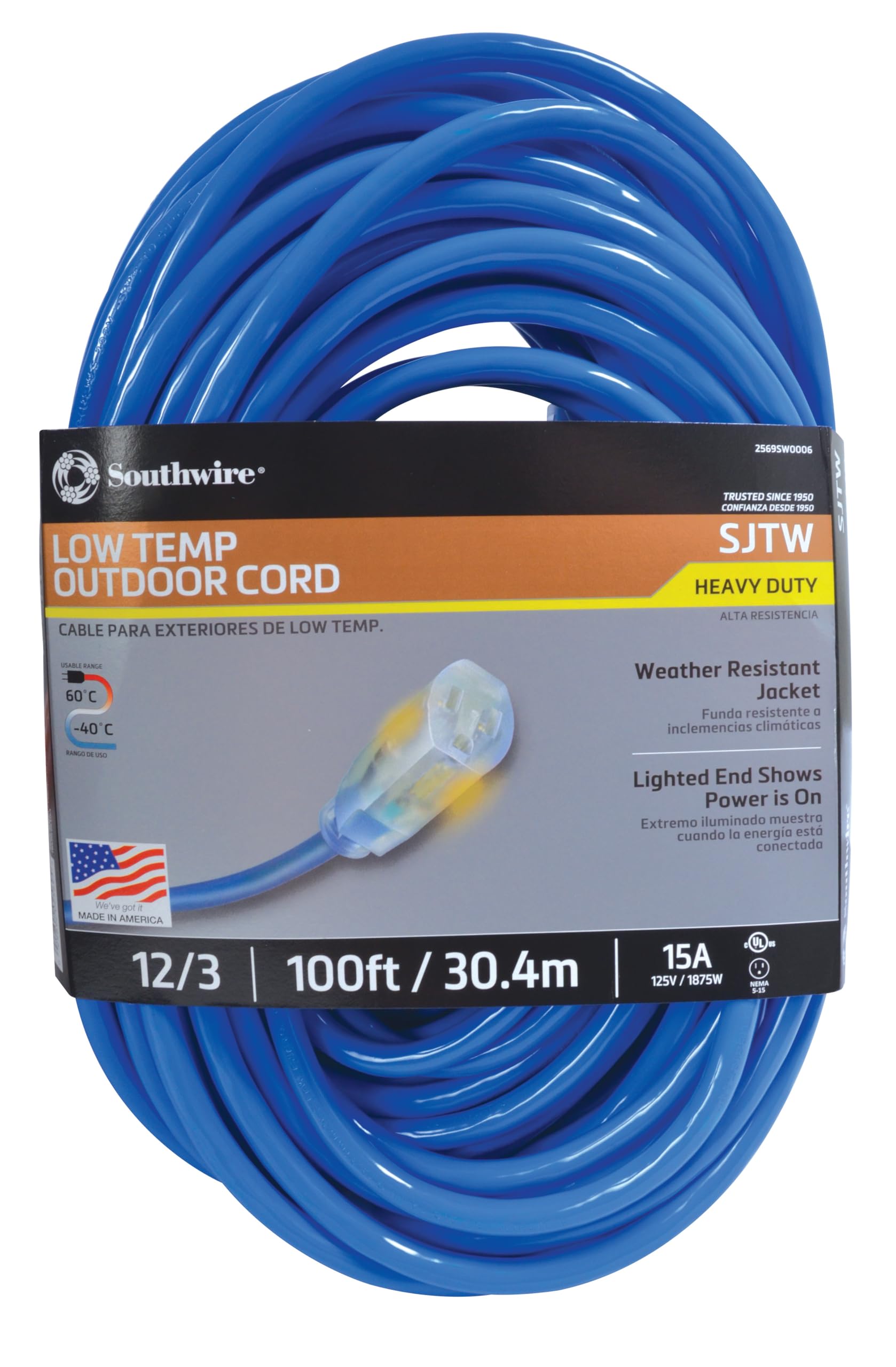 Southwire Coldflex 12/3 Heavy-Duty Extension Cord, 100Ft, Cold Weather Cord, SJTW, Blue, 2569