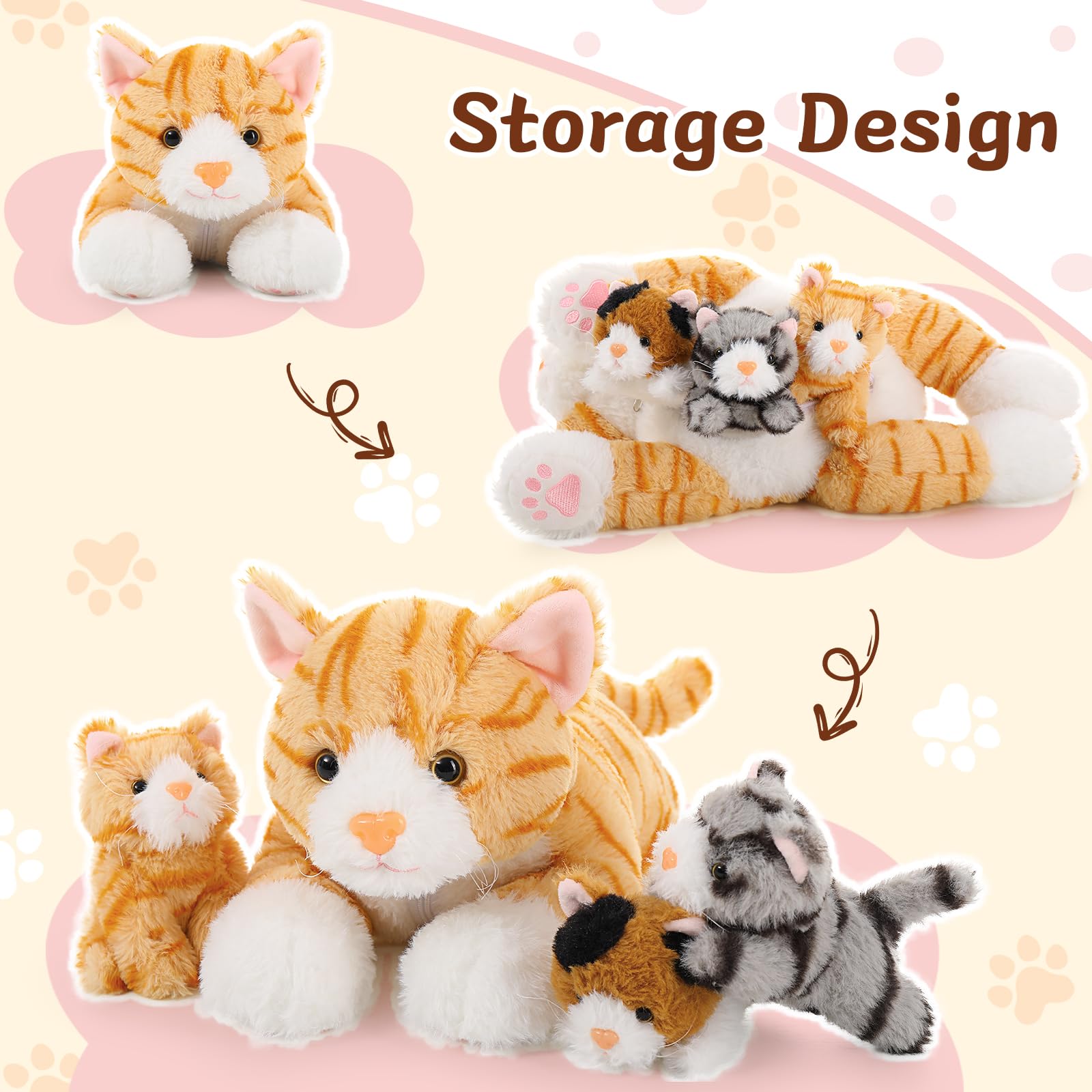 MorisMos Cat Teddy Soft Toy, 40cm Mom Plush with 3 Cuddly Baby Inside Kawaii Kittens Realistic Fluffly Cat Gift for Kids Girlfriend Birthday Christmas Deco — view 3