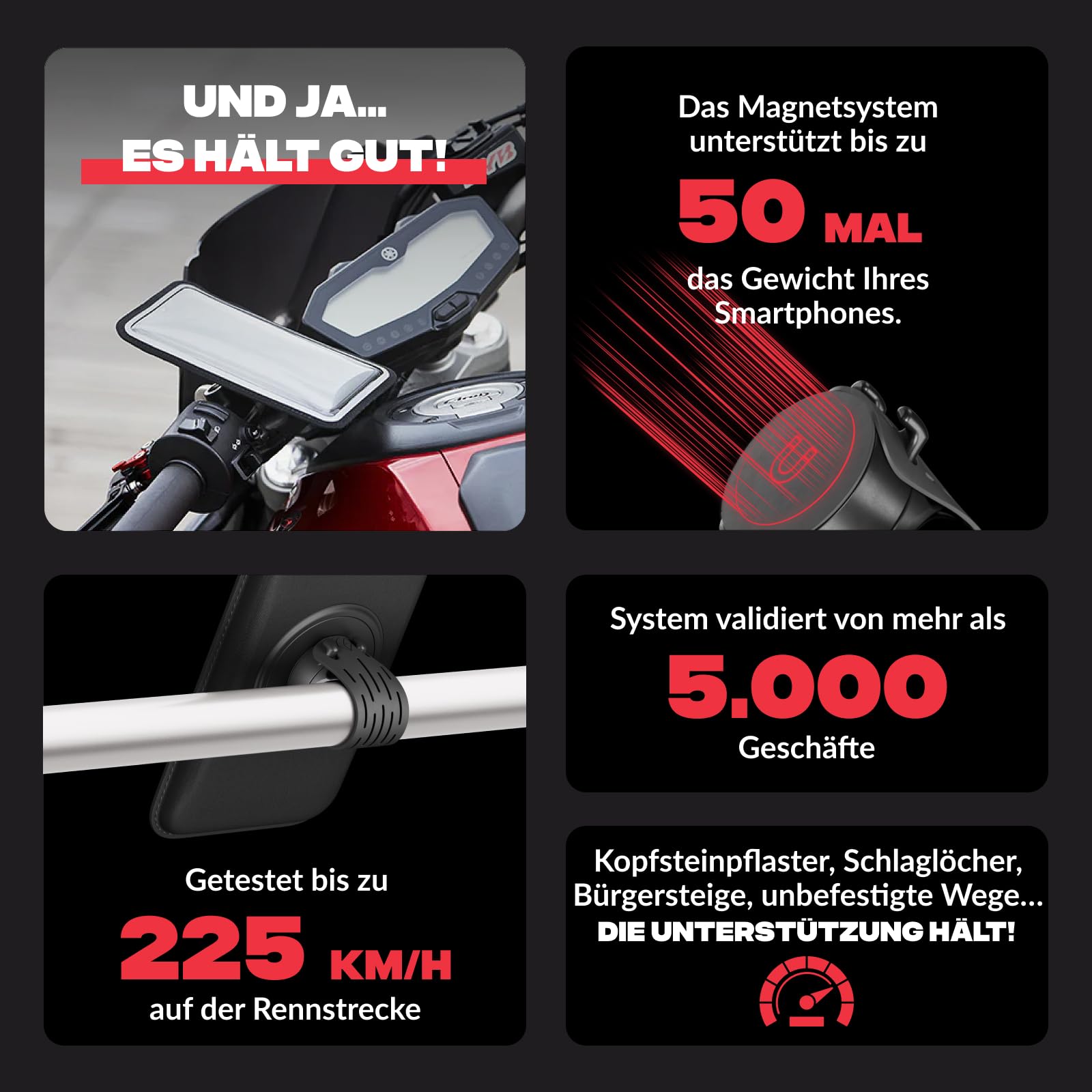 Shapeheart Motorrad-Handyhalterung PRO mit Abnehmbarer Hülle & Booster 360° | Für alle Handys | Schraubhalterung 22–32 mm | Weatherproof | 1-Hand-Bedienung | Dämpft Vibrationen | GPS, Roller, E-Scooter