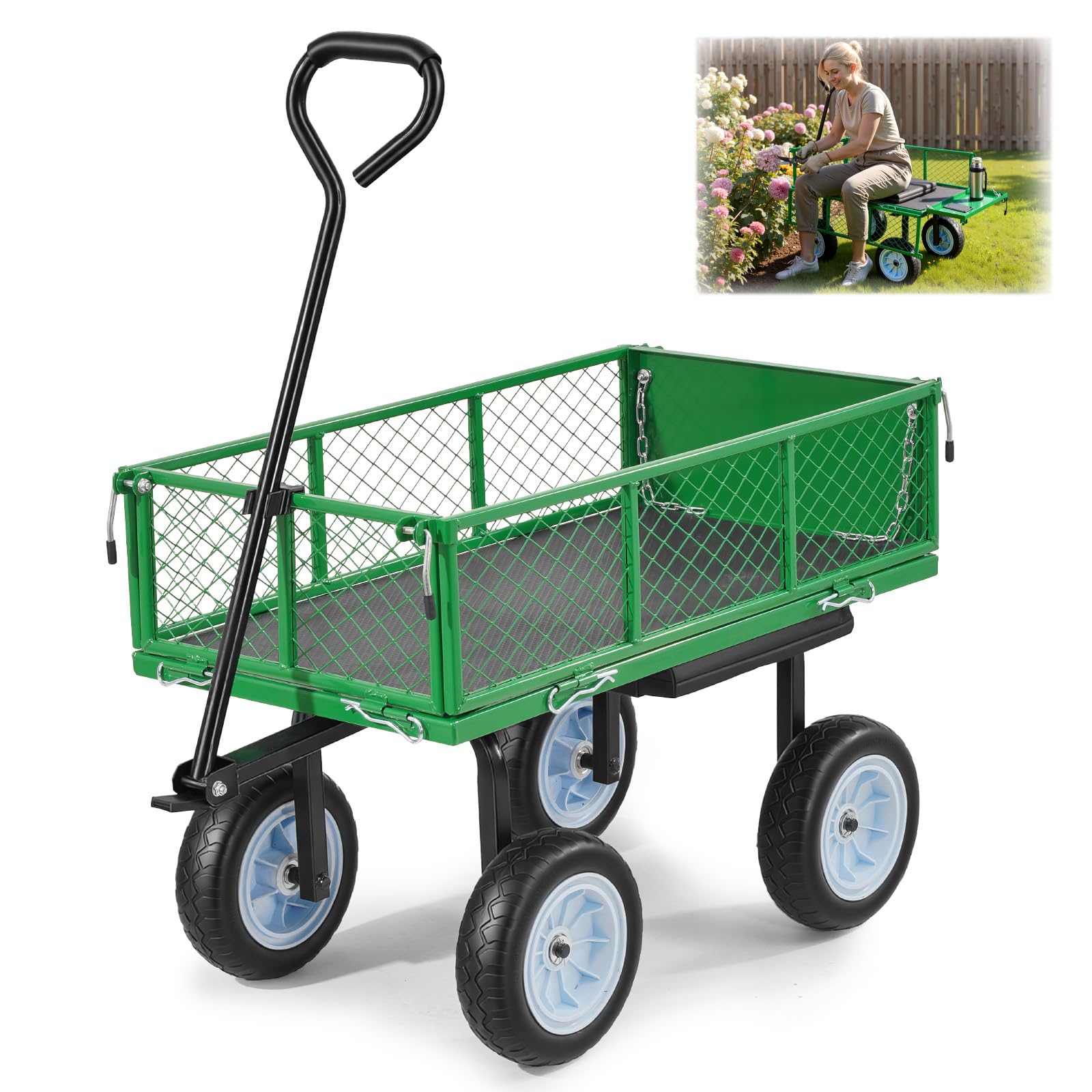 VEVOR Carrello Portaoggetti da Giardino con Sedile Carretto da Giardinaggio in Acciaio Carico max da 226,8 kg Carrello per Trasporto da Giardino con Lati Rimovibili, Legna Terra Detriti, Verde