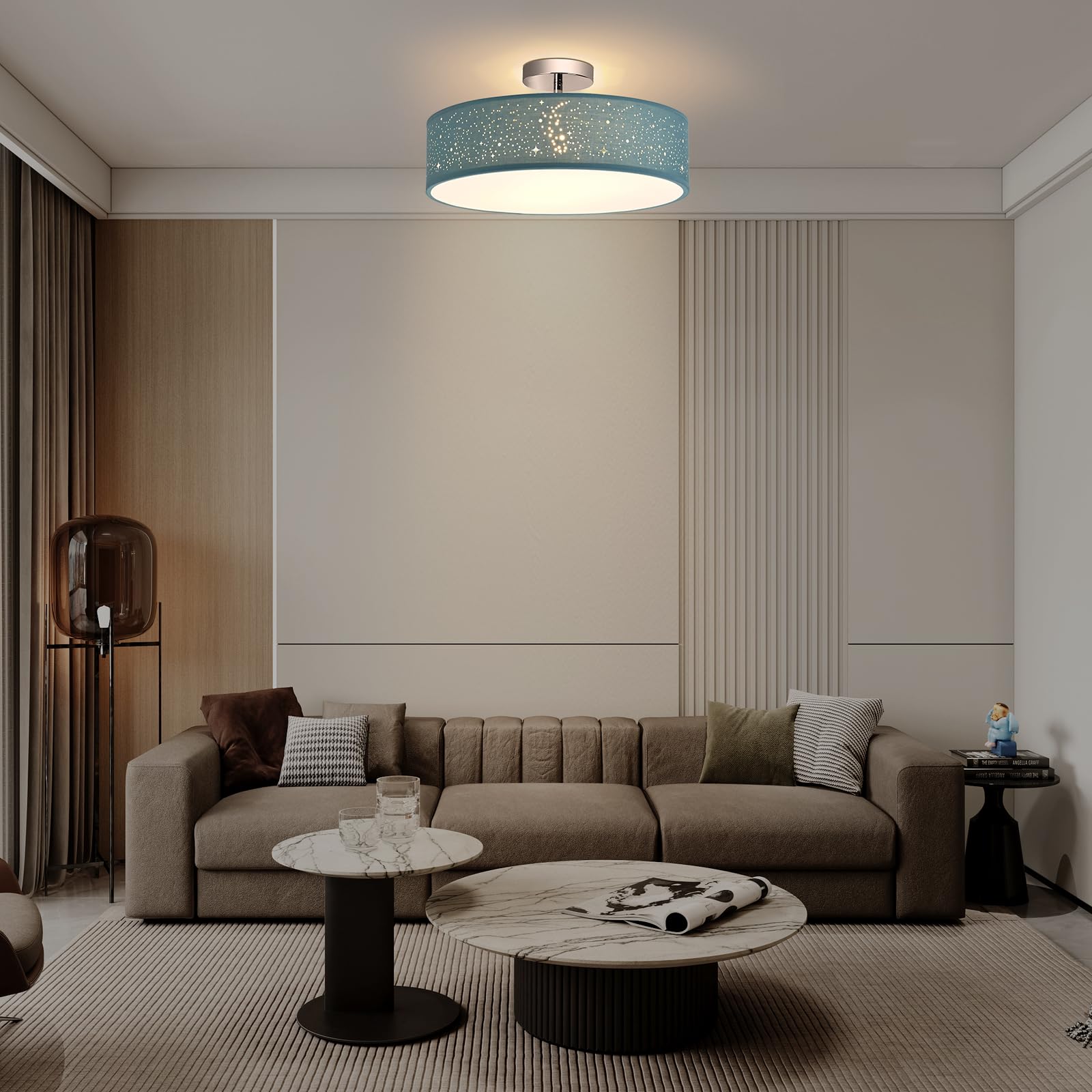 Zedelmaier Deckenleuchte Stoff Rund 38cm Stoffschirm E27x2 max.40W Deckenlampe mit Sternenhimmel Wohnzimmer Schlafzimmer Kinderzimmer Flur Lampe Decke Modern (Aschblau sterneneffekt, Ø38x18cm)