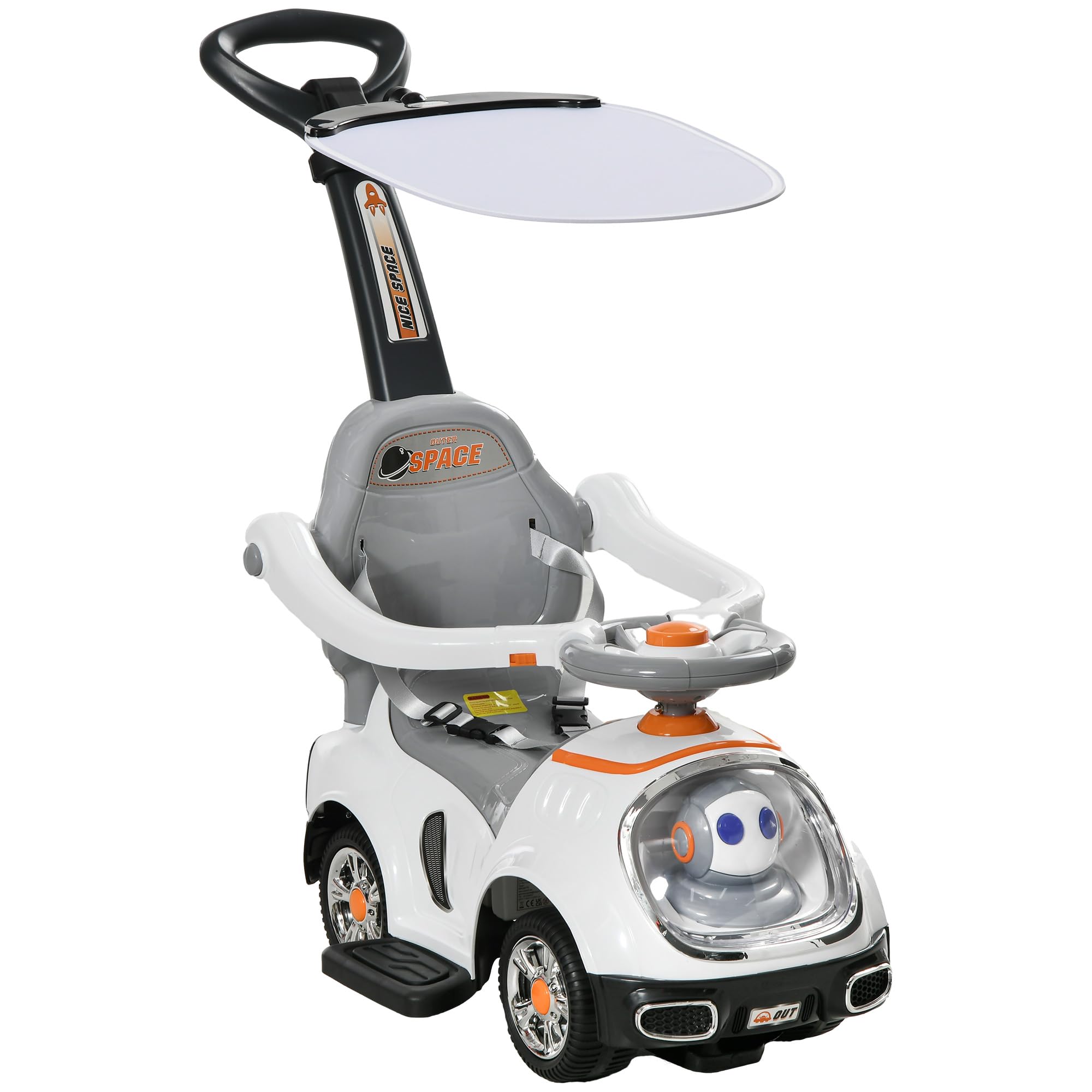 AIYAPLAY 3 in 1 Ride On Car for Children 12-36 Months, Ride On with Storage Space, Robot Design with Luminous Eyes, Music, Horn, Removable Push Handle and Canopy, White