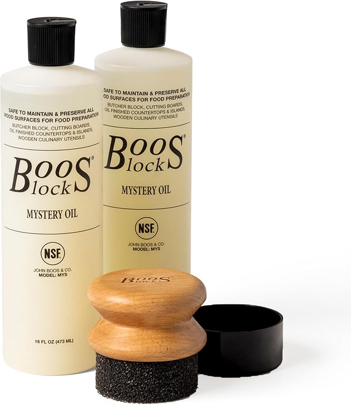 John Boos Conjunto de cuidados para tábuas de madeira com óleo Mystery Oil e aplicador, 3 peças