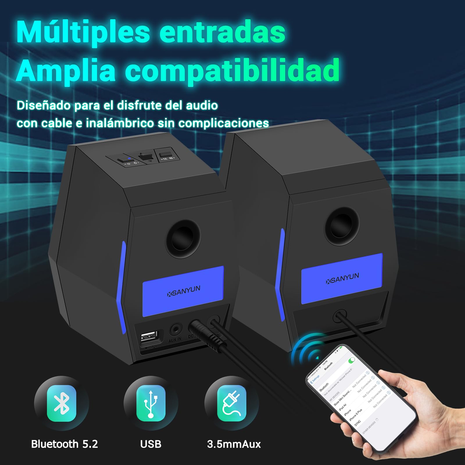 Sanyun SW209 Altavoces Gaming 2.0 36 W, Audio Táctico 3 Modos DSP | Gaming/Cine/Música, DAC 24 bits, USB-C/Bluetooth 5.2/AUX, Driver Fibra Vidrio 7cm + Cúpula Seda 18mm, RGB (Pareja, Negro)