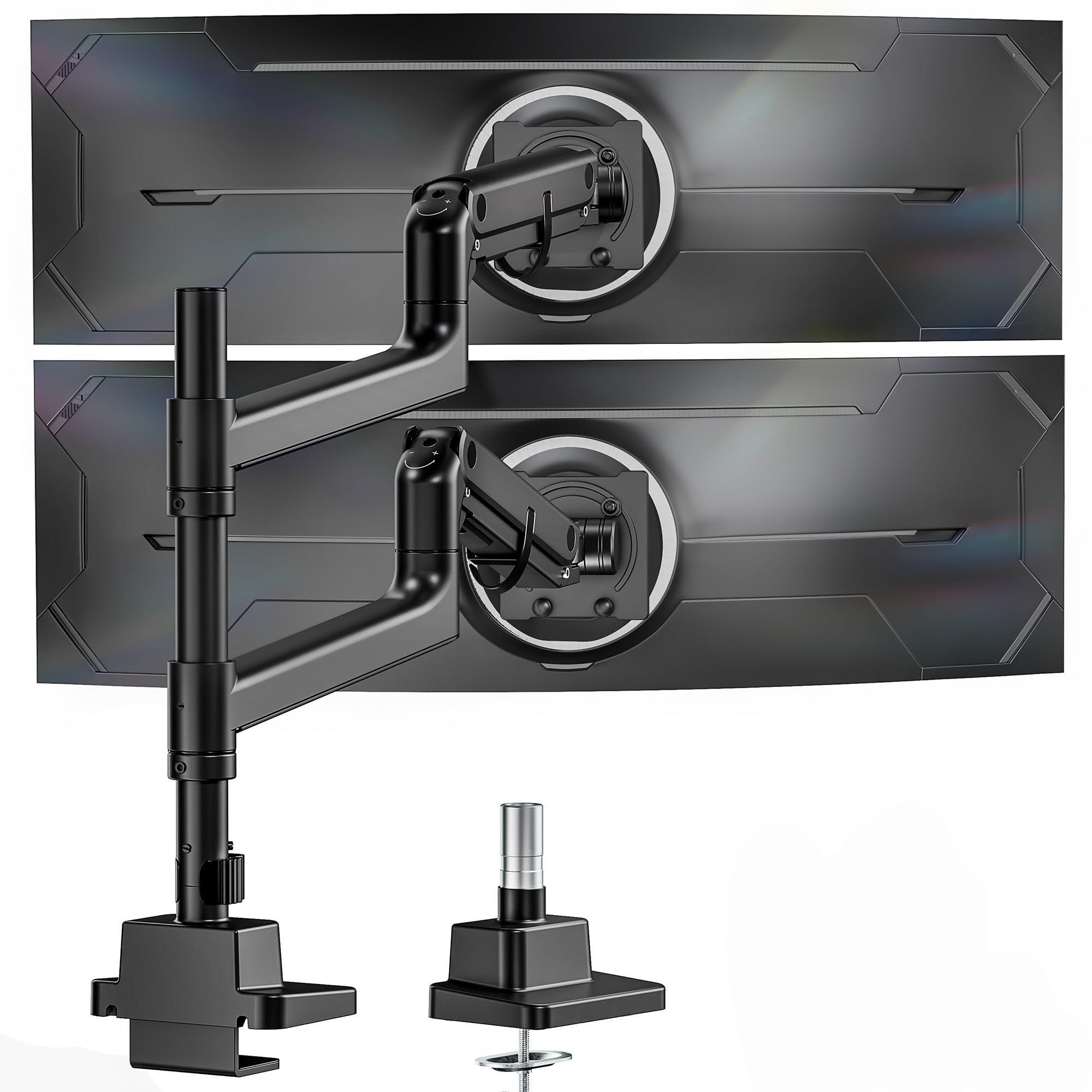 monTEK Dual Monitor Arm supporting a large ultrawide monitor and a standard monitor, highlighting screen size and weight capacity.
