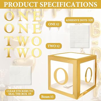 Gold First Birthday Decorations for Boys or Girls, 3 Pcs ONE Balloon Boxes for 1st Birthday with ONE Letters for Photoshoot Props, Cake Smash Backdrop