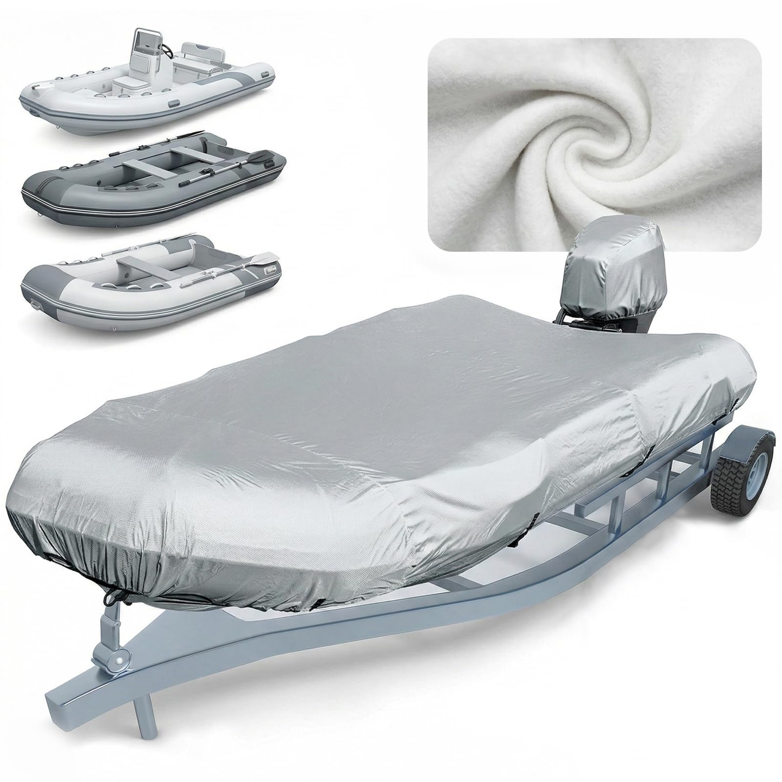 Photo 1 of 1200D Waterproof Inflatable Boat Cover 12-13ft, Silver UV Reflective Heavy Duty Dinghy Cover with Motor Cover, Sun-Resistant Mooring Cover Light Gray