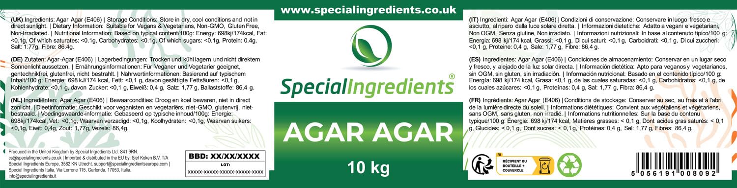 Special Ingredients Agar Agar Powder, 10 kg | Agar Agar Pulver, Pflanzliche Gelatine, Natürliches Geliermittel für Veganer & Vegetarier, Nicht-GVO, Glutenfrei