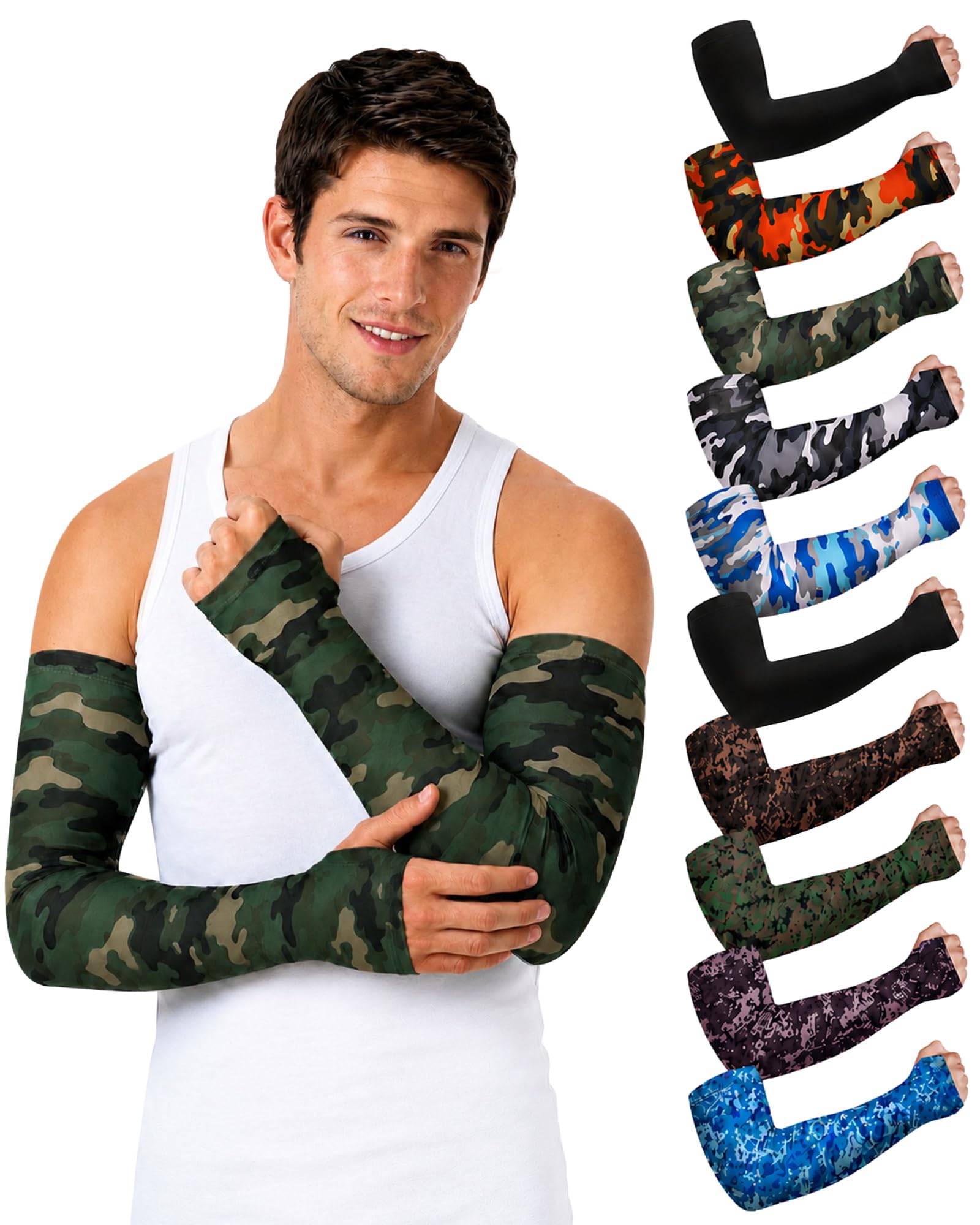 Bememo 10 Pairs Arm Sleeve for Men,Camo UV Sun Protection Cover Camouflage, Black