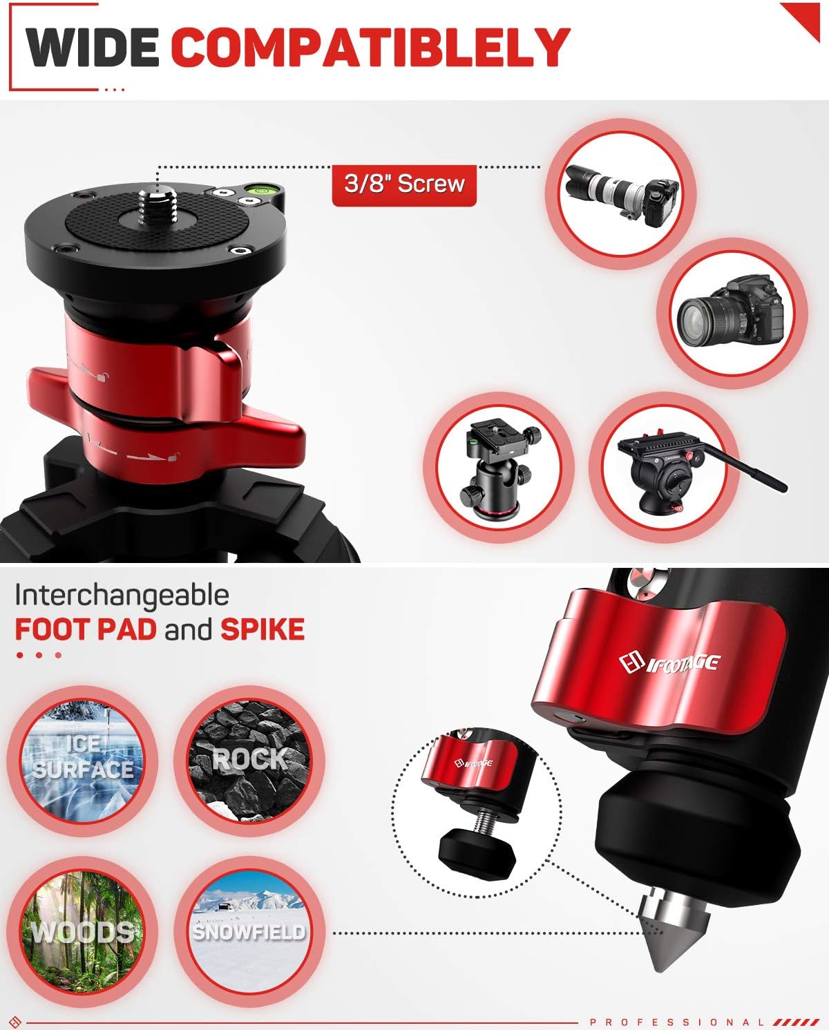 IFOOTAGE 65" Aluminum Camera Tripod, Professional Video Tripod 3 Sections with Centre Pole, Compatible with Canon, Nikon, Sony DSLR Camcorder Video Photography, Max Load 13.2 lbs - TA6S : Electronics