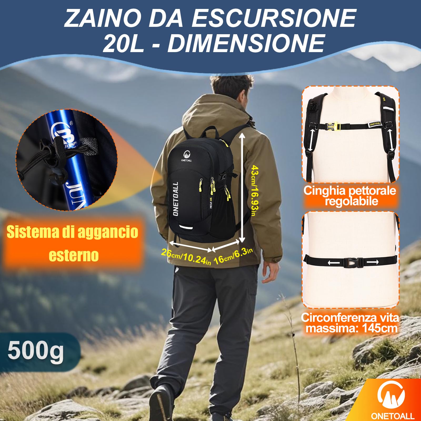 Zaino Trekking 20L 30 Litri, Zaino Montagna Antifurto con Coprizaino Impermeabile, Zaini Leggero Piccolo Uomo Donna per Escursionismo Hiking Viaggi Ciclismo Pendolarismo, Solo 500g 600g