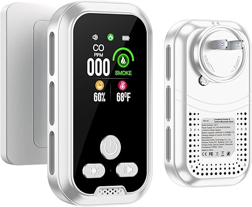 Detector de humo y monóxido de carbono enchufable 4 en 1, batería de reserva integrada de 2000 mAh, pantalla HD sensor de humedad de temperatura de